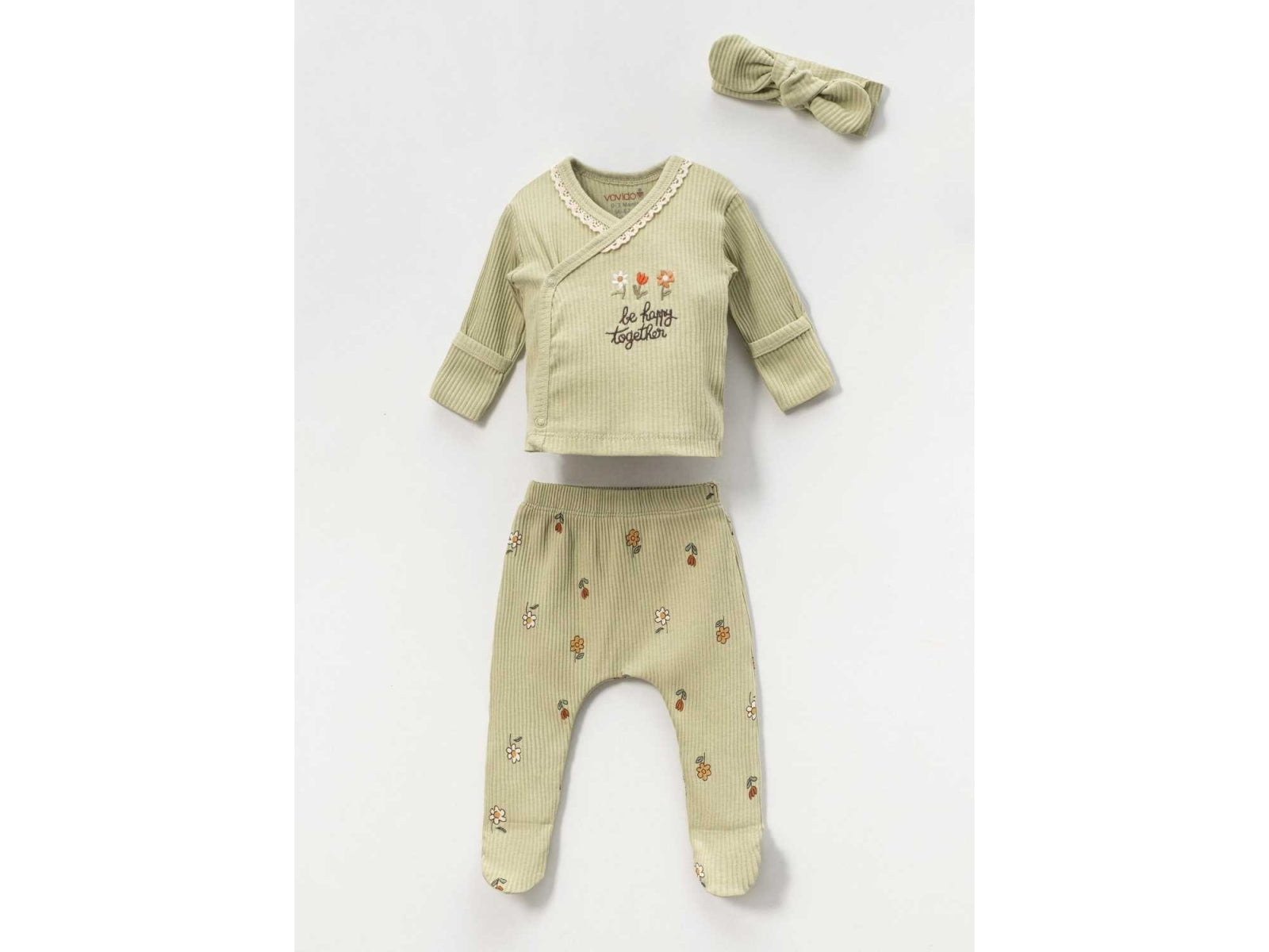 Papatya Nakışlı Yenidoğan Hastane Çıkışı 3'lü Zıbın Seti - Yeşil