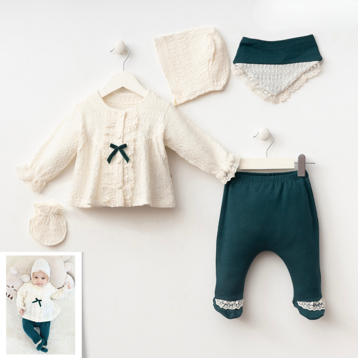 Victoria 5'li Kız Bebek Hastane Çıkış Seti - Zümrüt Yeşili