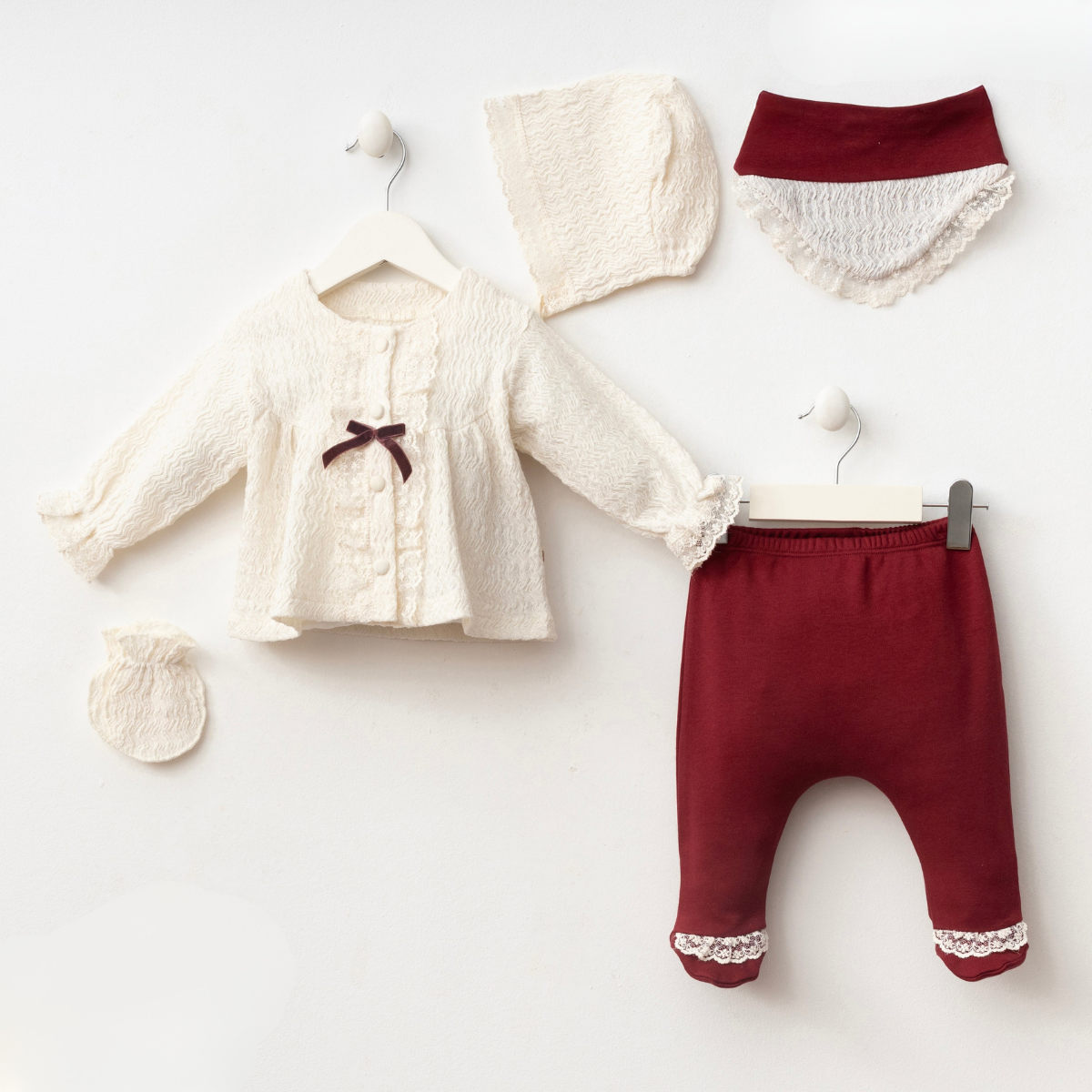 Victoria 5'li Kız Bebek Hastane Çıkış Seti - Bordo