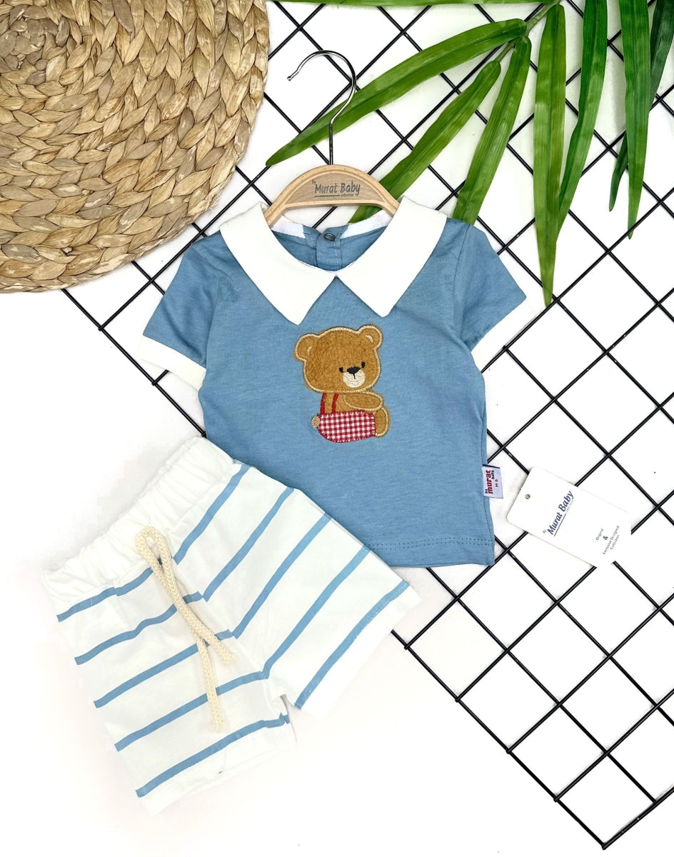 Ayı Nakışlı Erkek Bebek Yazlık Şortlu Takım - Mavi