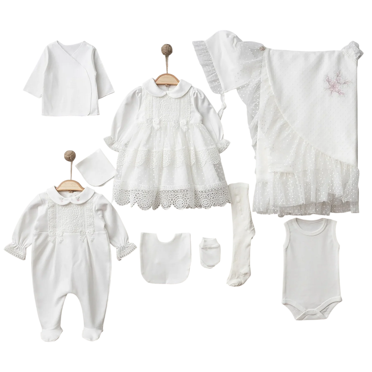 Elegant Yenidoğan Kız Bebek Mevlüt Elbiseli Dantelli 10lu Hastane Çıkış Seti