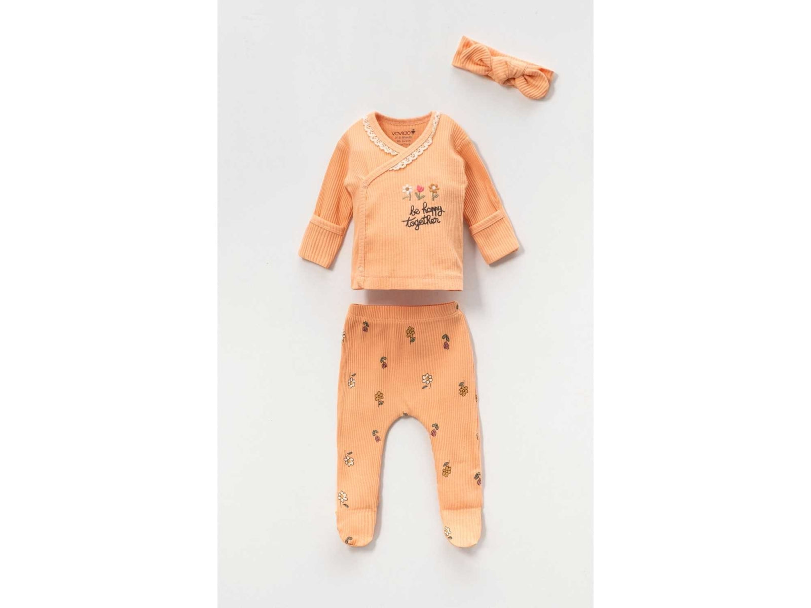 Papatya Nakışlı Yenidoğan Hastane Çıkışı 3'lü Zıbın Seti - Turuncu