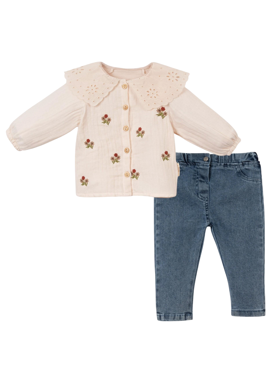Çiçek Nakış Müslin Kız Bebek Kotlu Takım