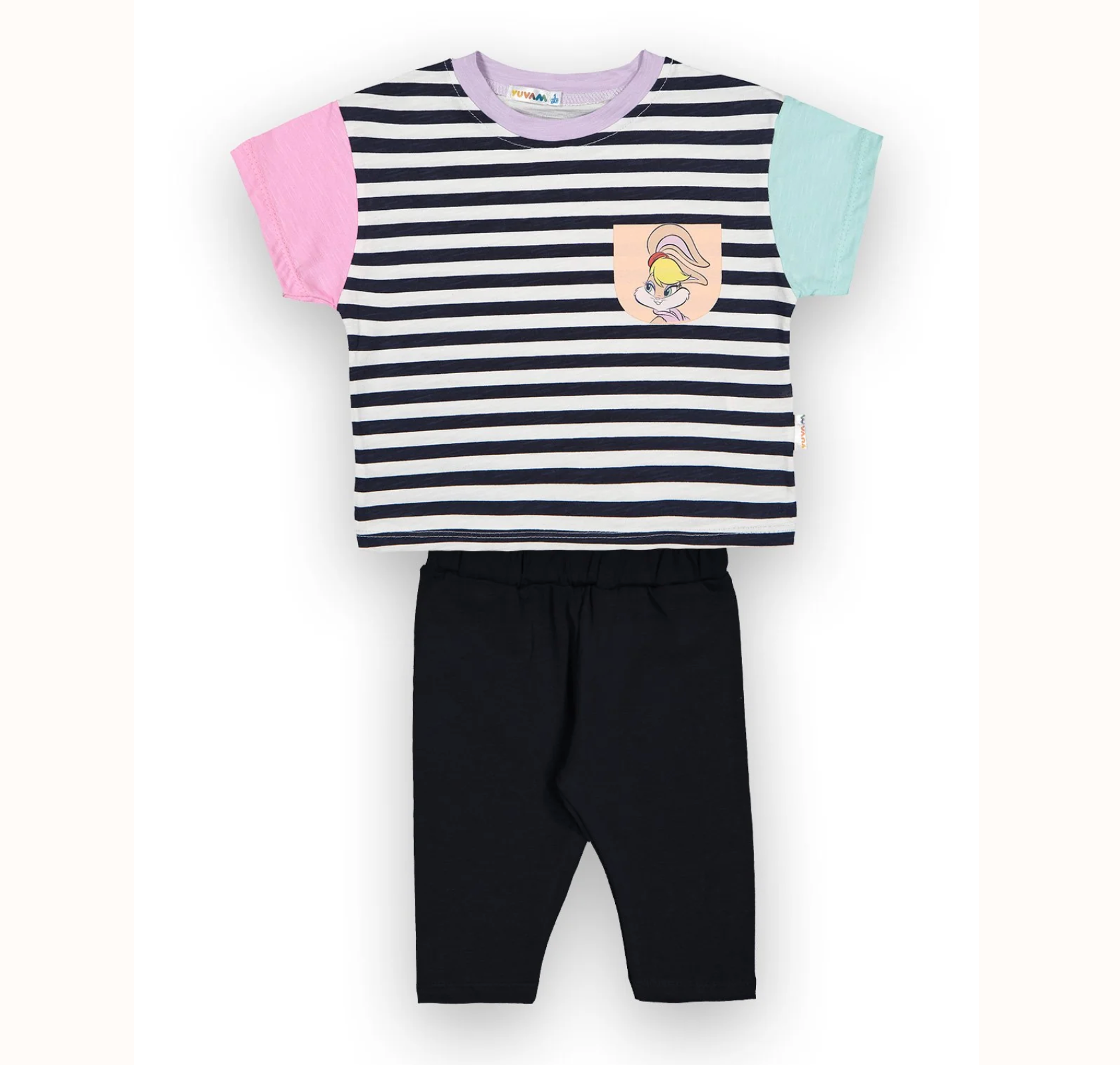 Çizgili Tavşan Baskılı Kız Bebek Taytlı Takım