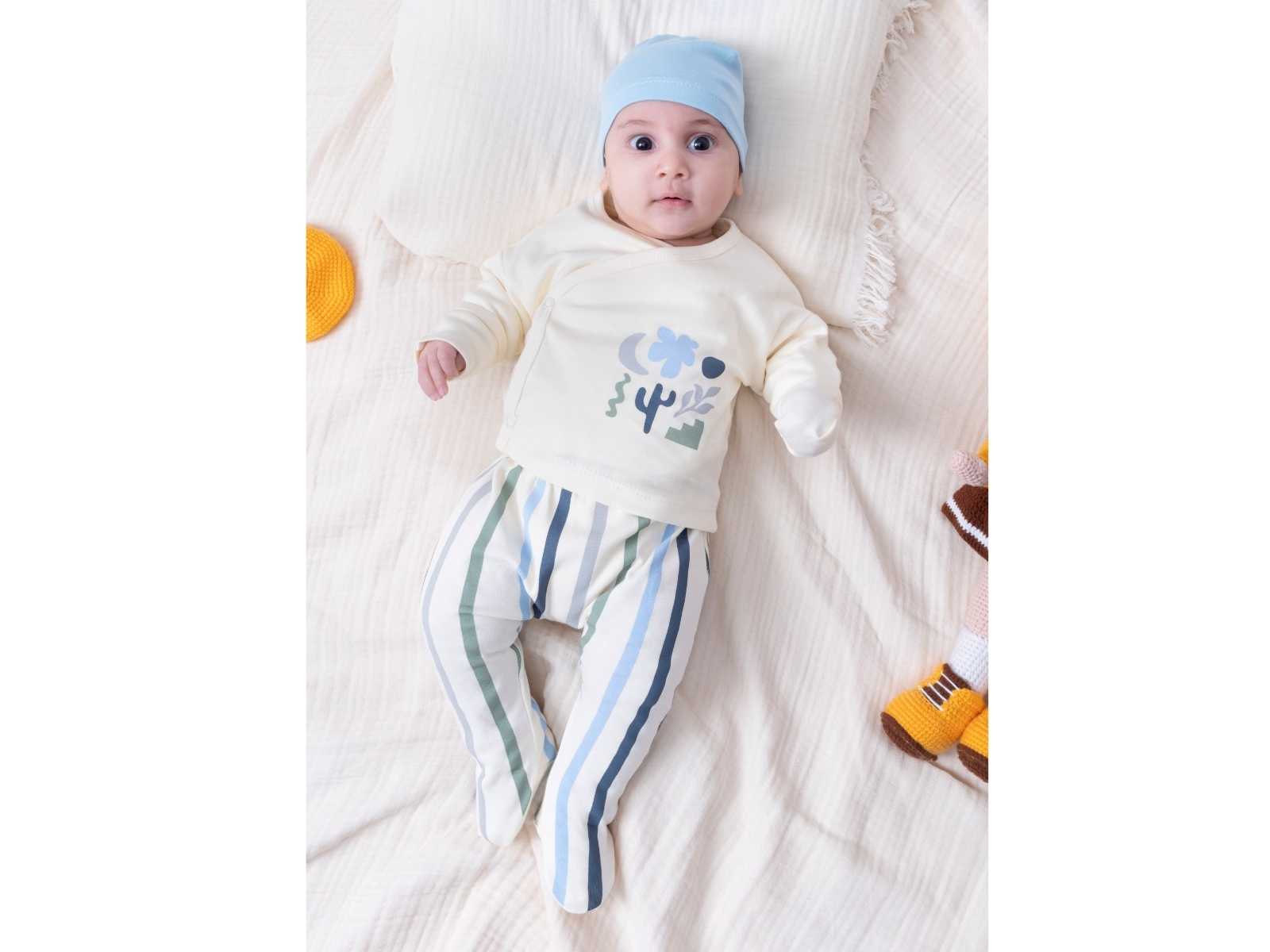 Kaktüs Erkek Bebek 3'lü Hastane Çıkışı Zıbın Seti - Mavi
