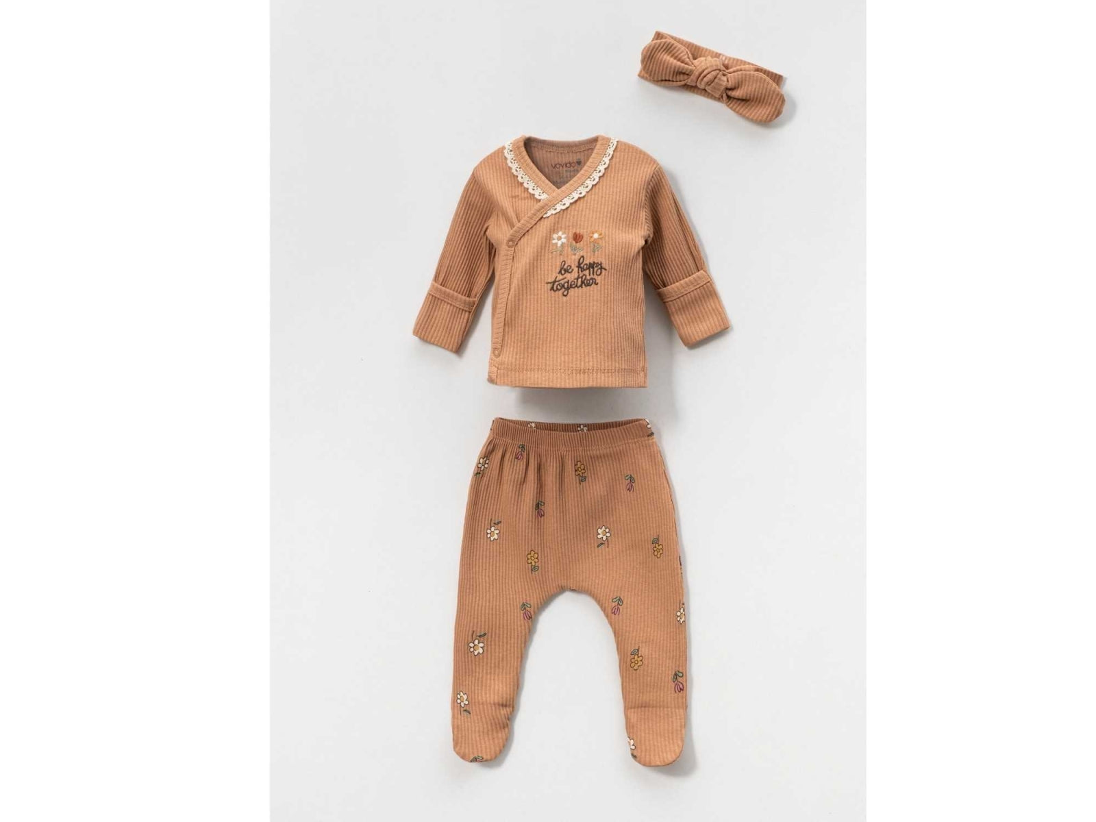 Papatya Nakışlı Yenidoğan Hastane Çıkışı 3'lü Zıbın Seti - Kahverengi