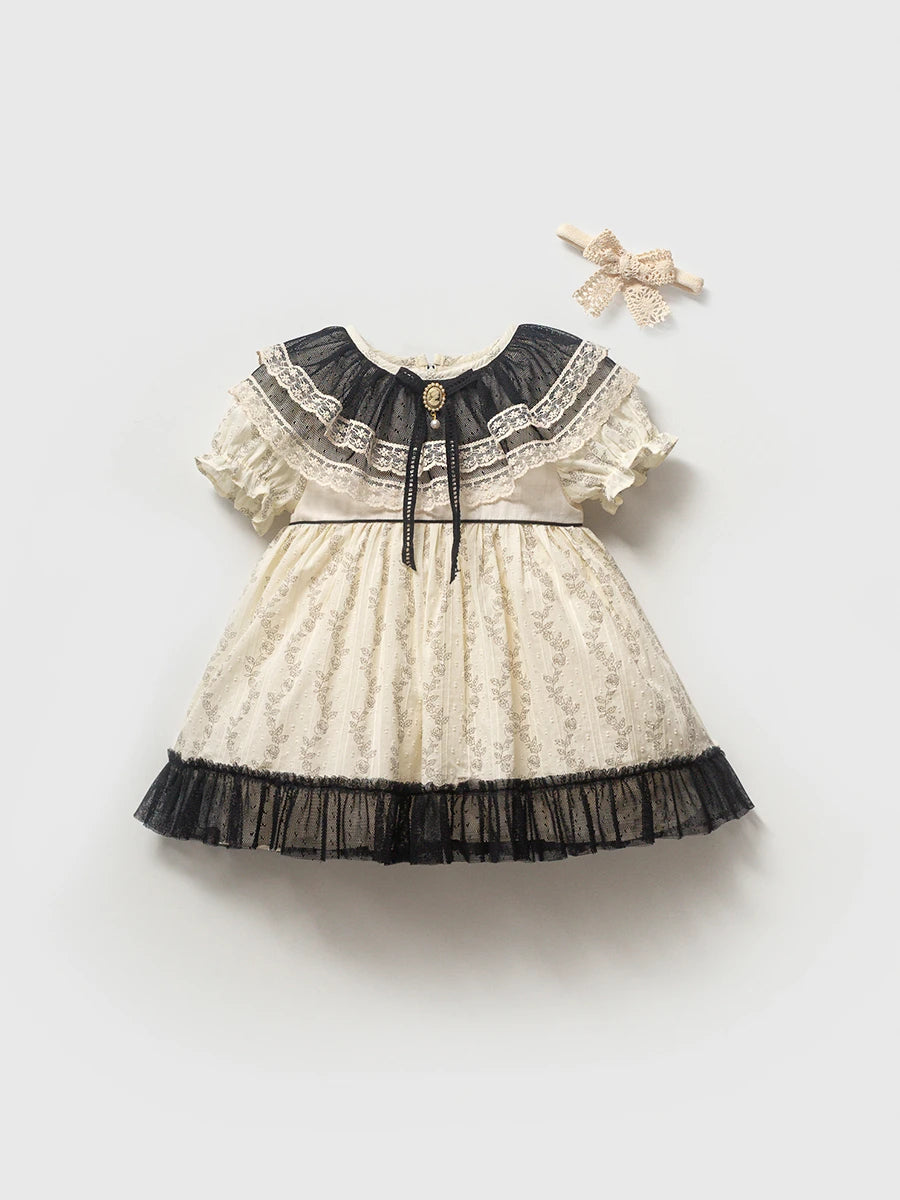 Vintage Broş Detaylı Fırfırlı Yaka Kız Bebek Elbise