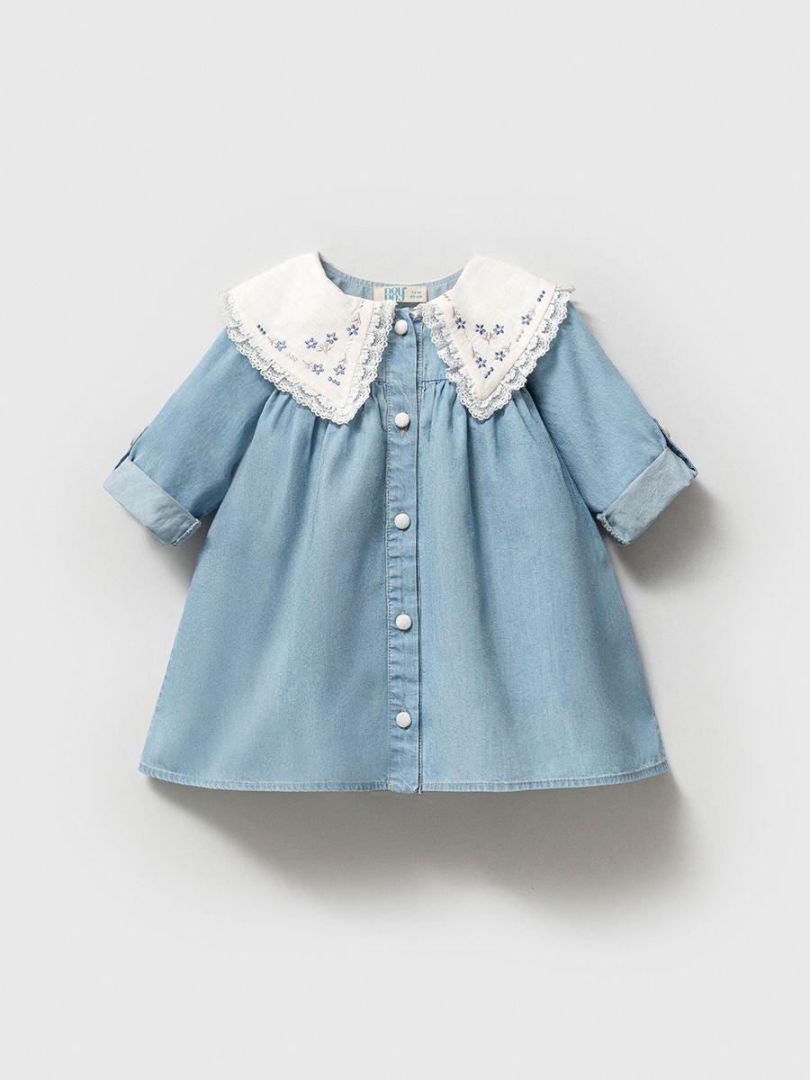 Yakası Çiçek İşlemeli Kız Bebek Kot Elbise 