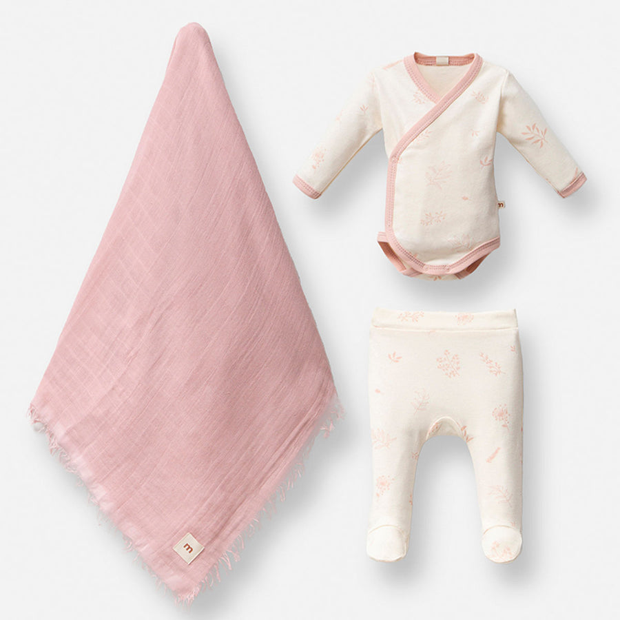 Leaf Baby Müslin Battaniyeli 3'lü Set, Hastane Çıkışı - Pembe