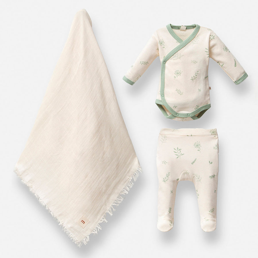 Leaf Baby Müslin Battaniyeli 3'lü Set, Hastane Çıkışı - Yesil