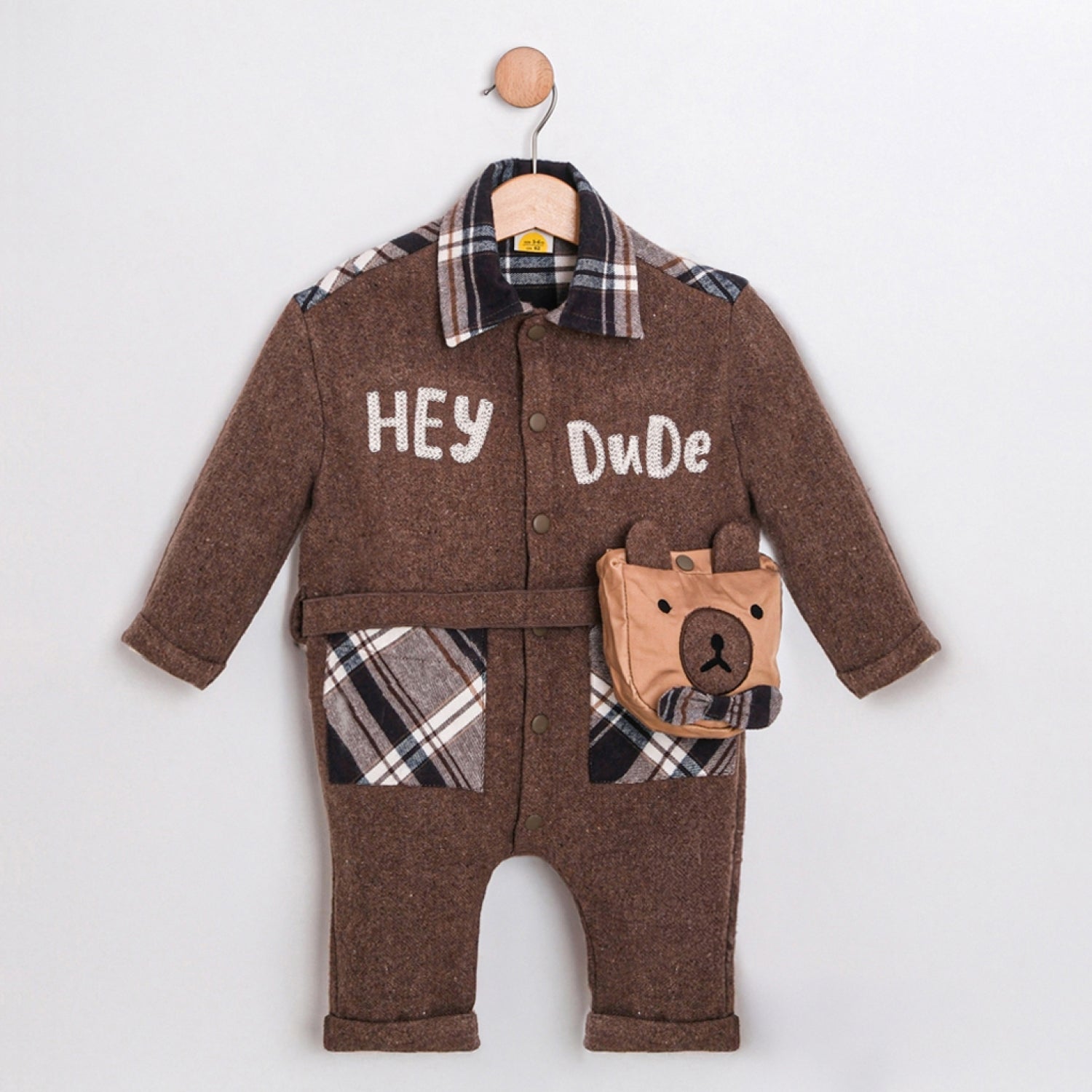 Leo Ekose Detaylı Erkek Bebek Çantalı Premium Tulum