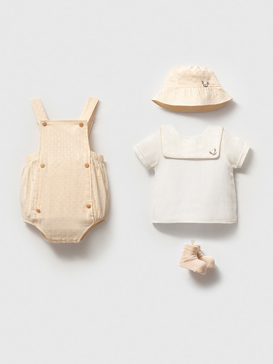 Bebek Müslin Salopet Takım – Denizci Yakalı 4’lü Kombin (Şapka, Tişört, Salopet, Patik)
