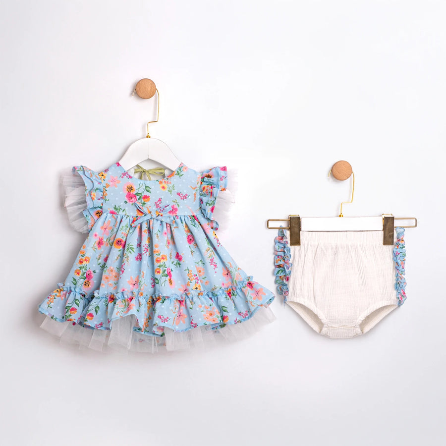 Çiçek Baskılı Sırt Lale Detaylı Kız Bebek Mavi Elbise, 2li Takım