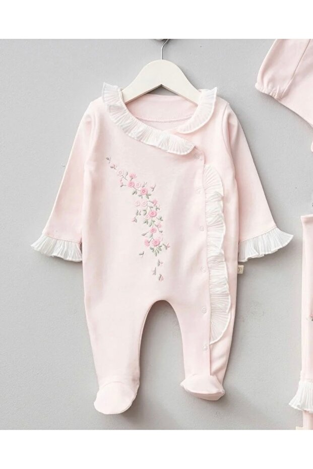 Çiçek Nakışlı Kız Bebek Tulumlu Battaniyeli 3'lü Set Hastane Çıkışı