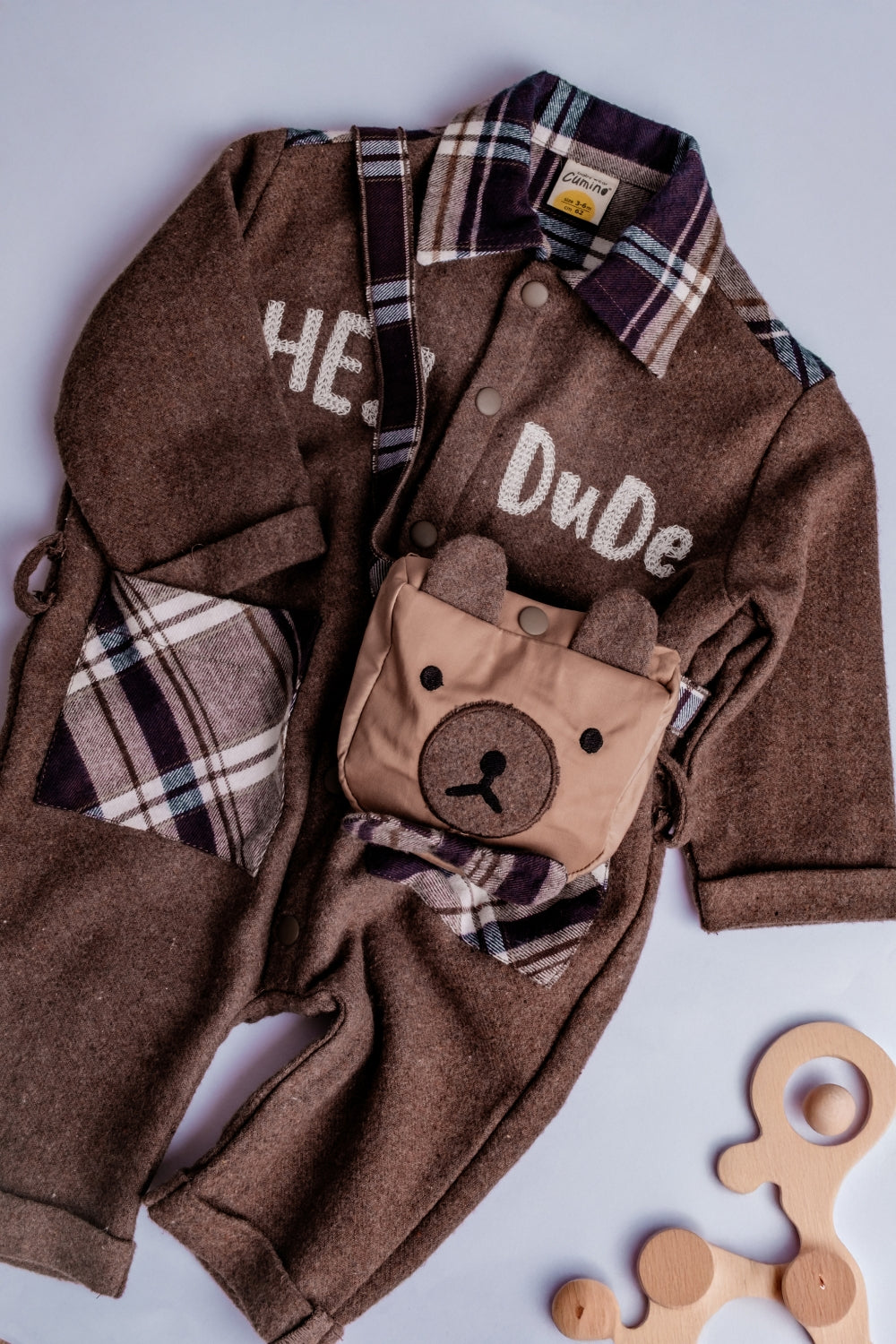 Leo Ekose Detaylı Erkek Bebek Çantalı Premium Tulum