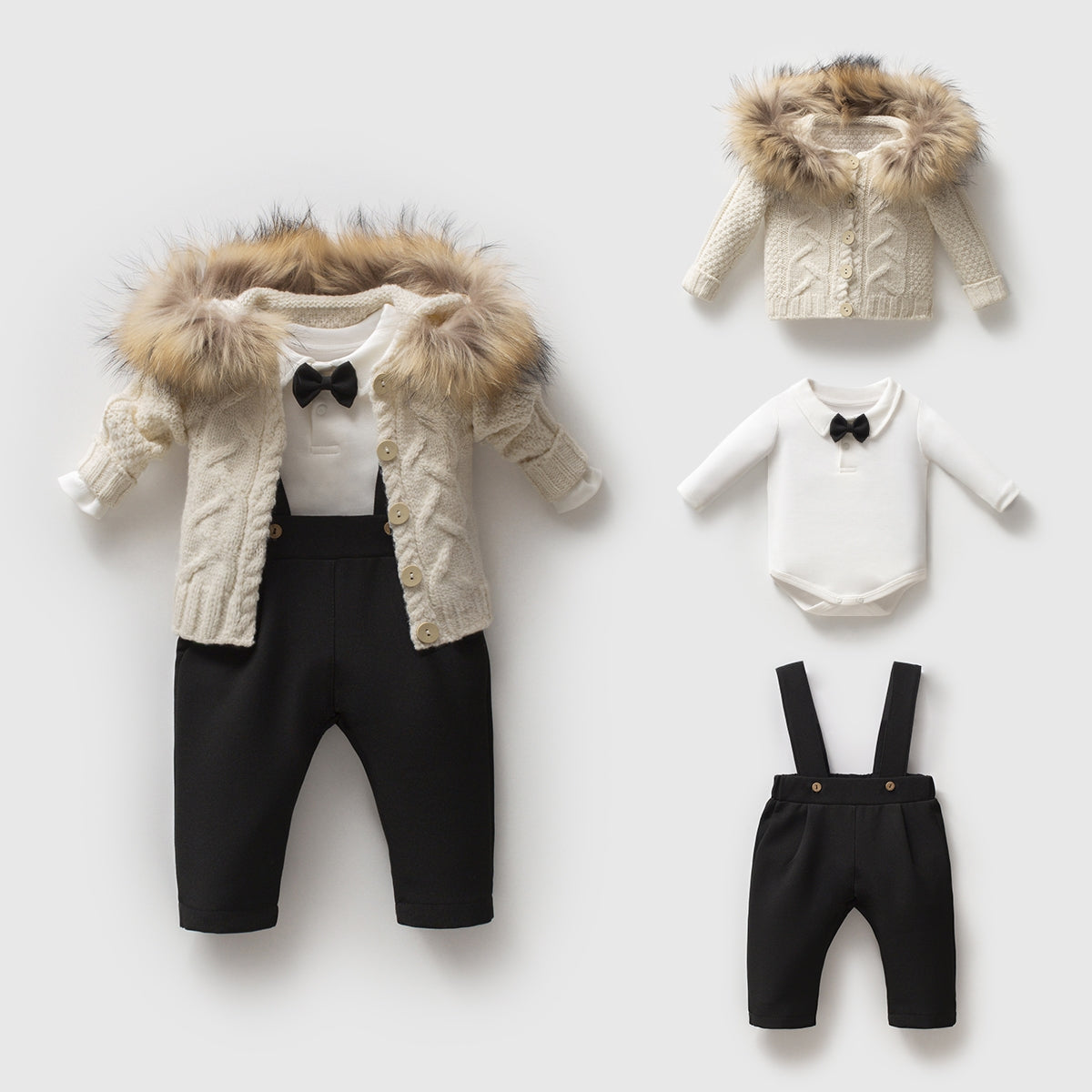 Chic Kürklü Papyonlu Erkek Bebek 3'lü Salopet Takım