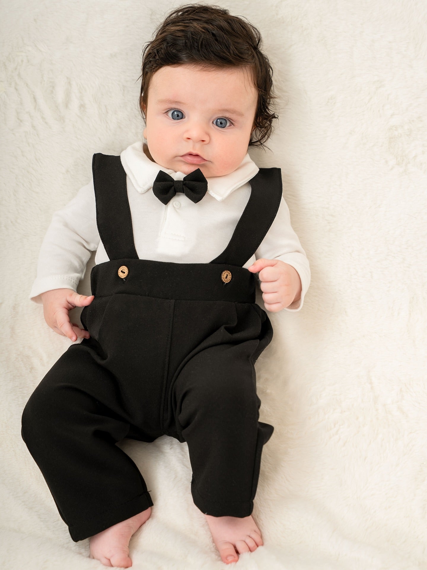 Chic Kürklü Papyonlu Erkek Bebek 3'lü Salopet Takım