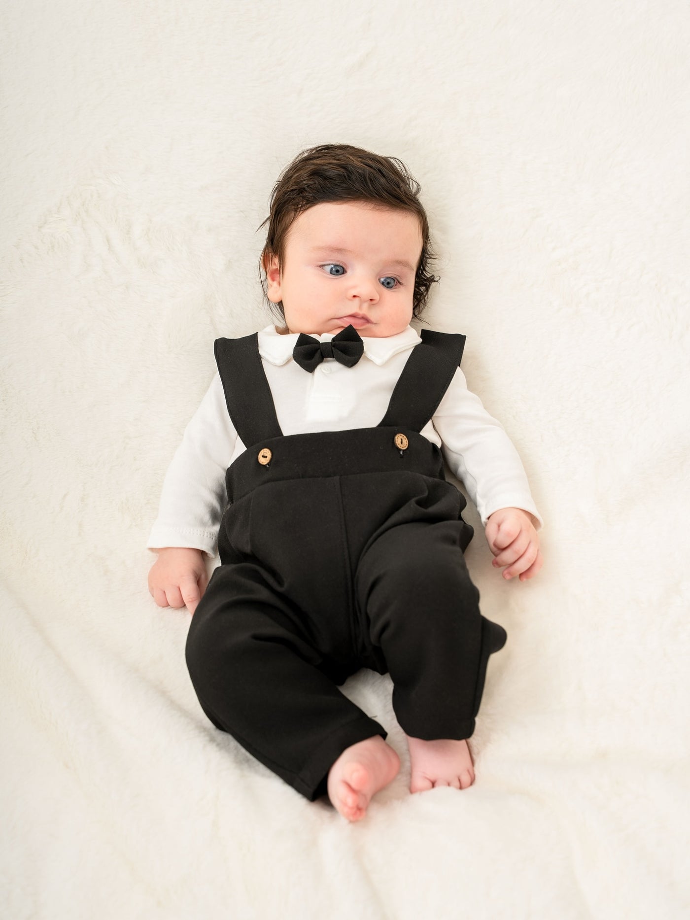 Chic Kürklü Papyonlu Erkek Bebek 3'lü Salopet Takım