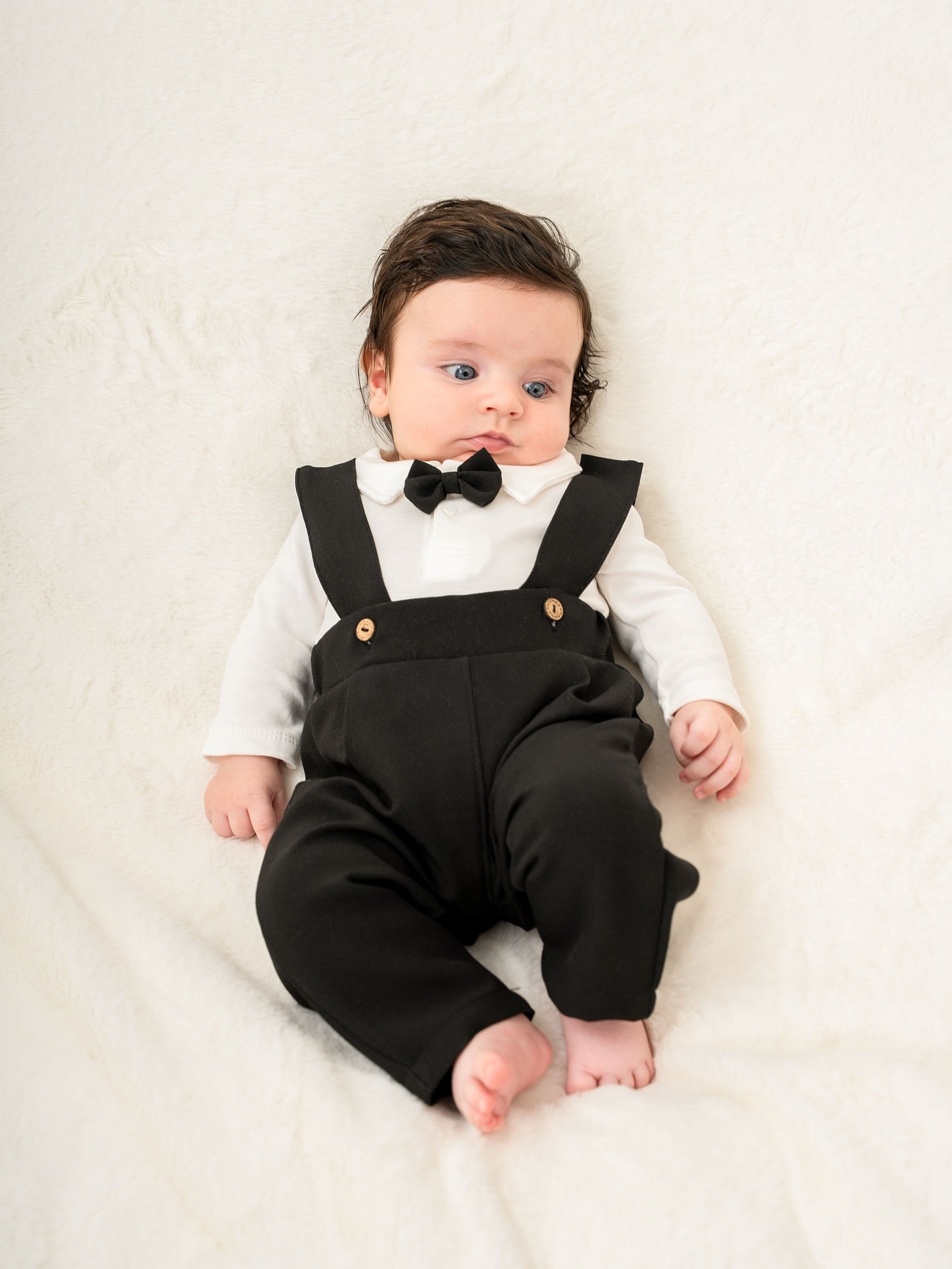 Chic Kürklü Papyonlu Erkek Bebek 3'lü Salopet Takım