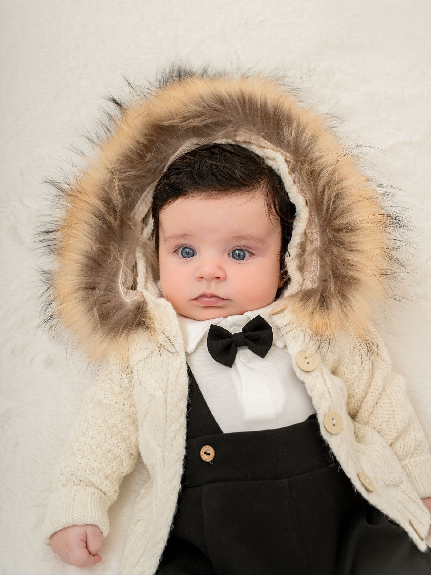 Chic Kürklü Papyonlu Erkek Bebek 3'lü Salopet Takım