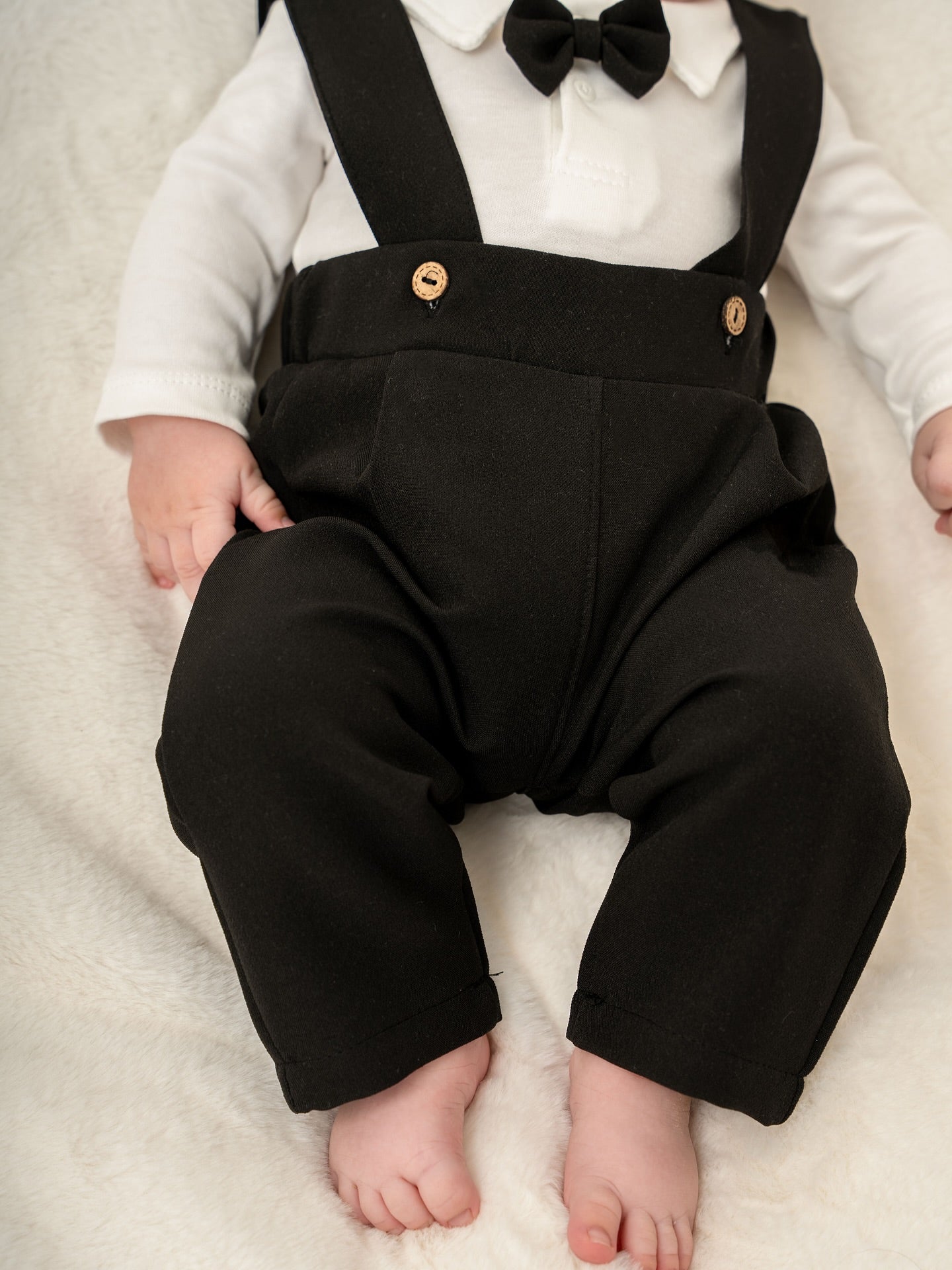 Chic Kürklü Papyonlu Erkek Bebek 3'lü Salopet Takım