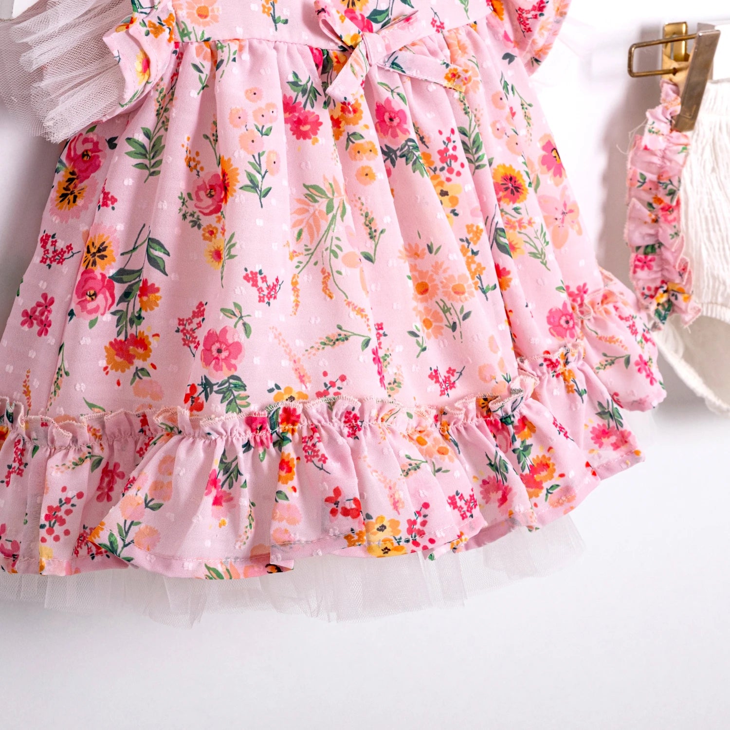 Çiçek Baskılı Sırt Lale Detaylı Kız Bebek Pembe Elbise, 2li Takım