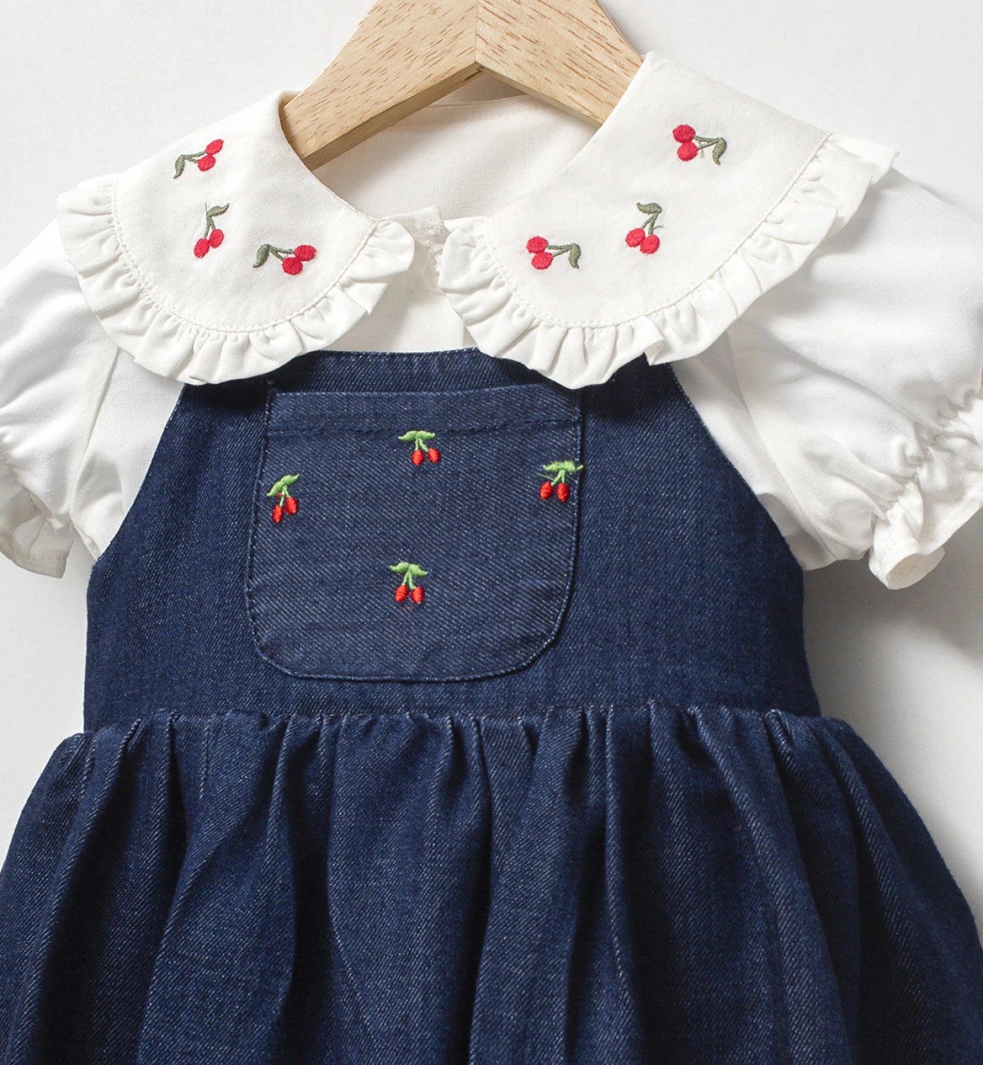 Cherry Kız Bebek Kot Romper Tulum Gömlek Çanta 3lü Takım