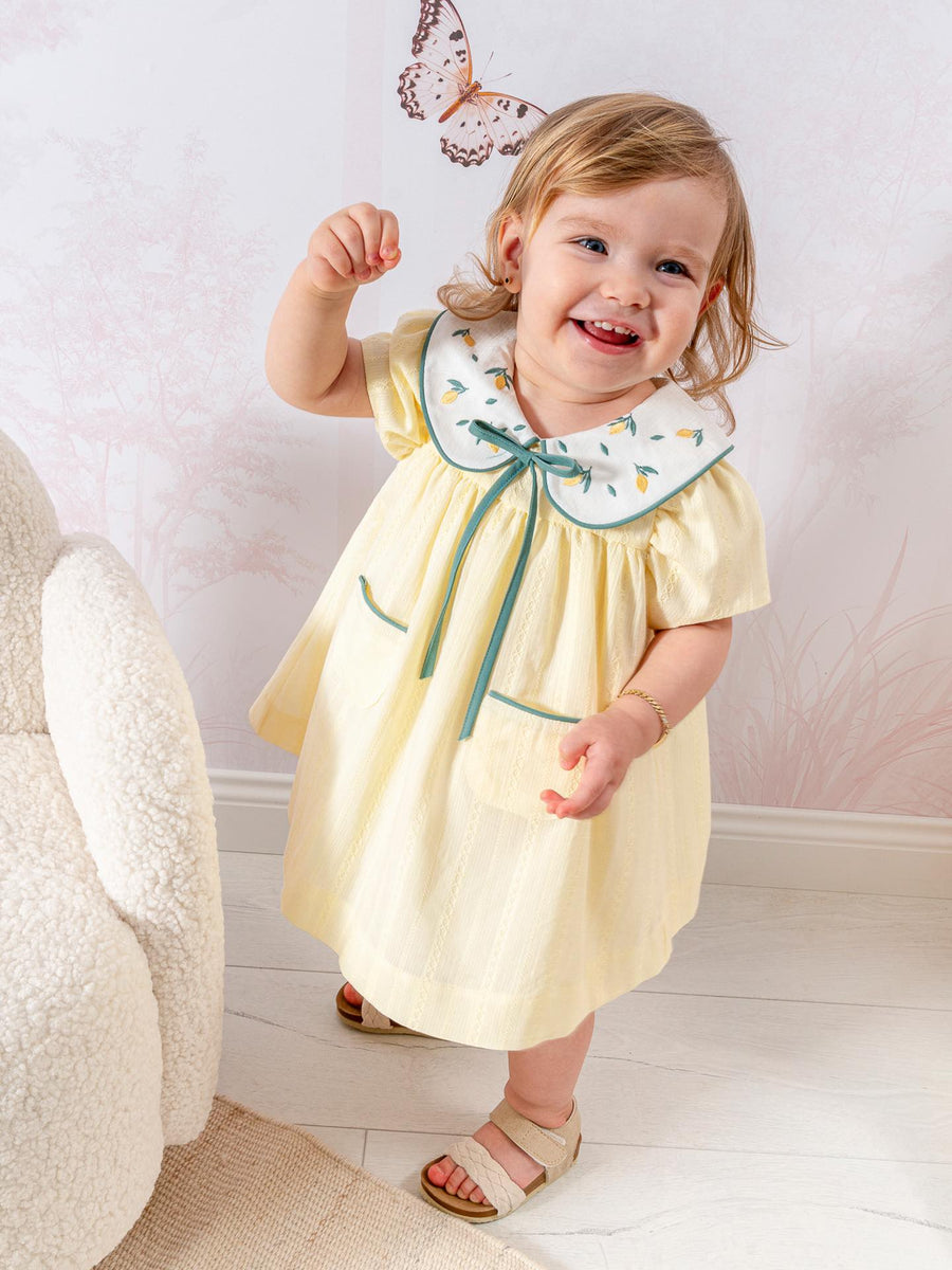 Limon Nakış Yakalı Kız Bebek Elbise 