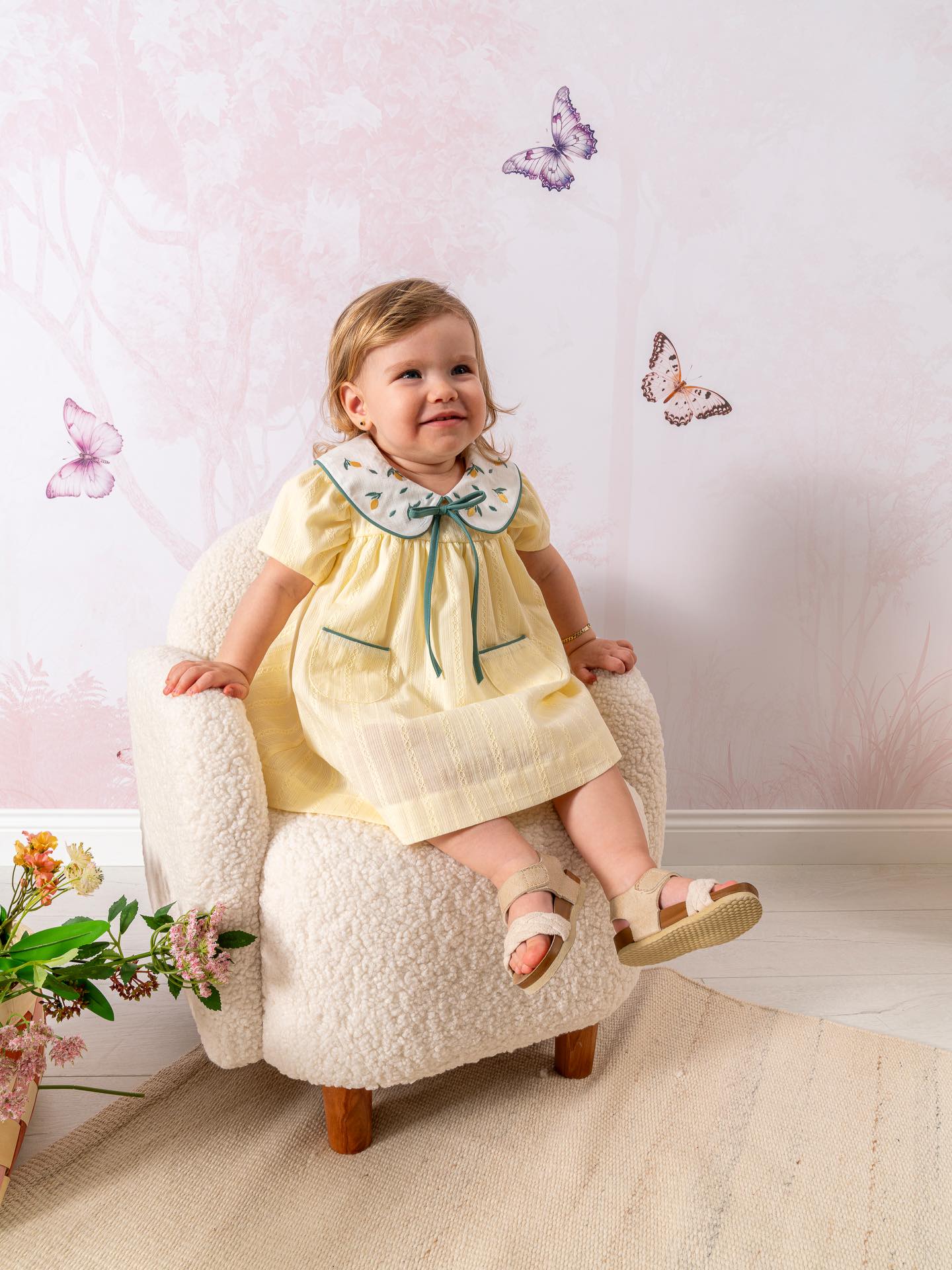 Limon Nakış Yakalı Kız Bebek Elbise