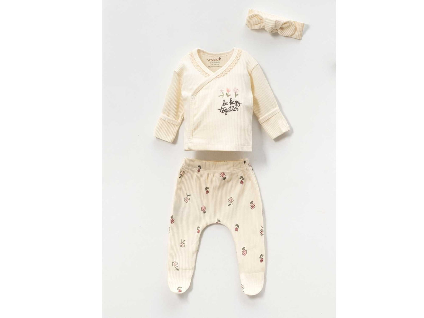 Papatya Nakışlı Yenidoğan Hastane Çıkışı 3'lü Zıbın Seti - Ekru