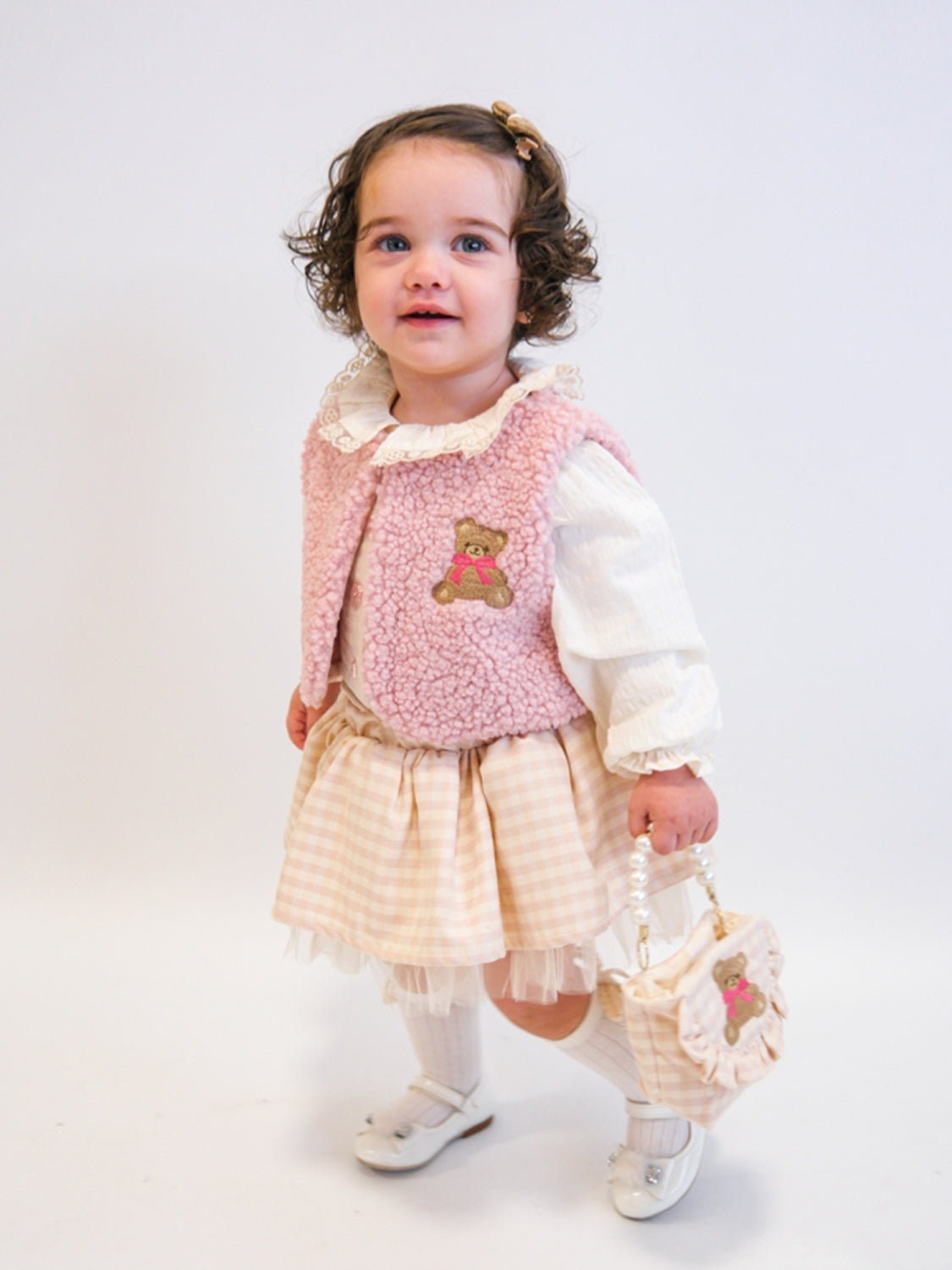 Amelie Kız Bebek Ekose Etek Gömlek Yelek Çanta 4lü Takım