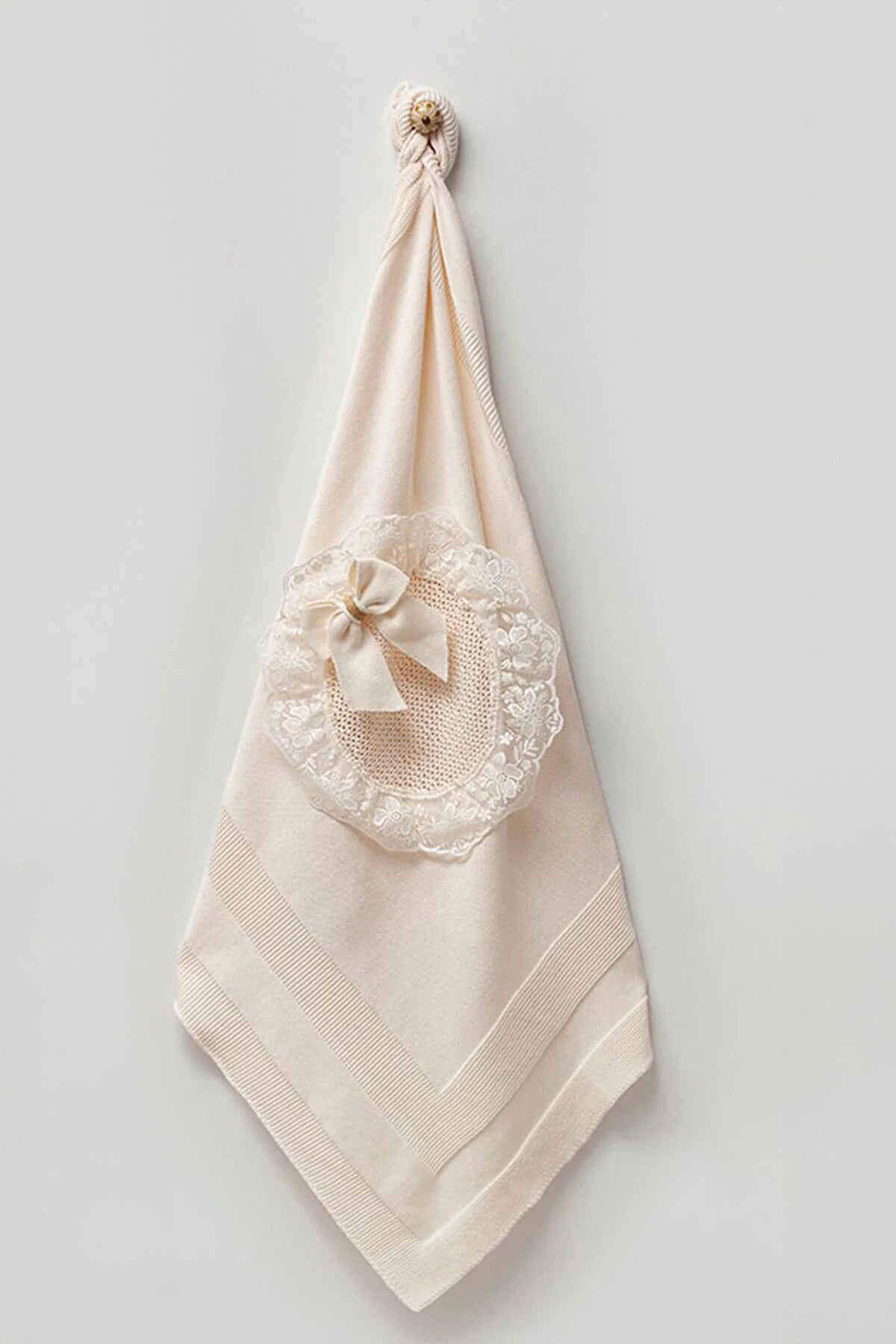 Dantelli Fiyonk Detaylı Kız Bebek Triko Hastane Çıkışı Beşli Set - Ekru