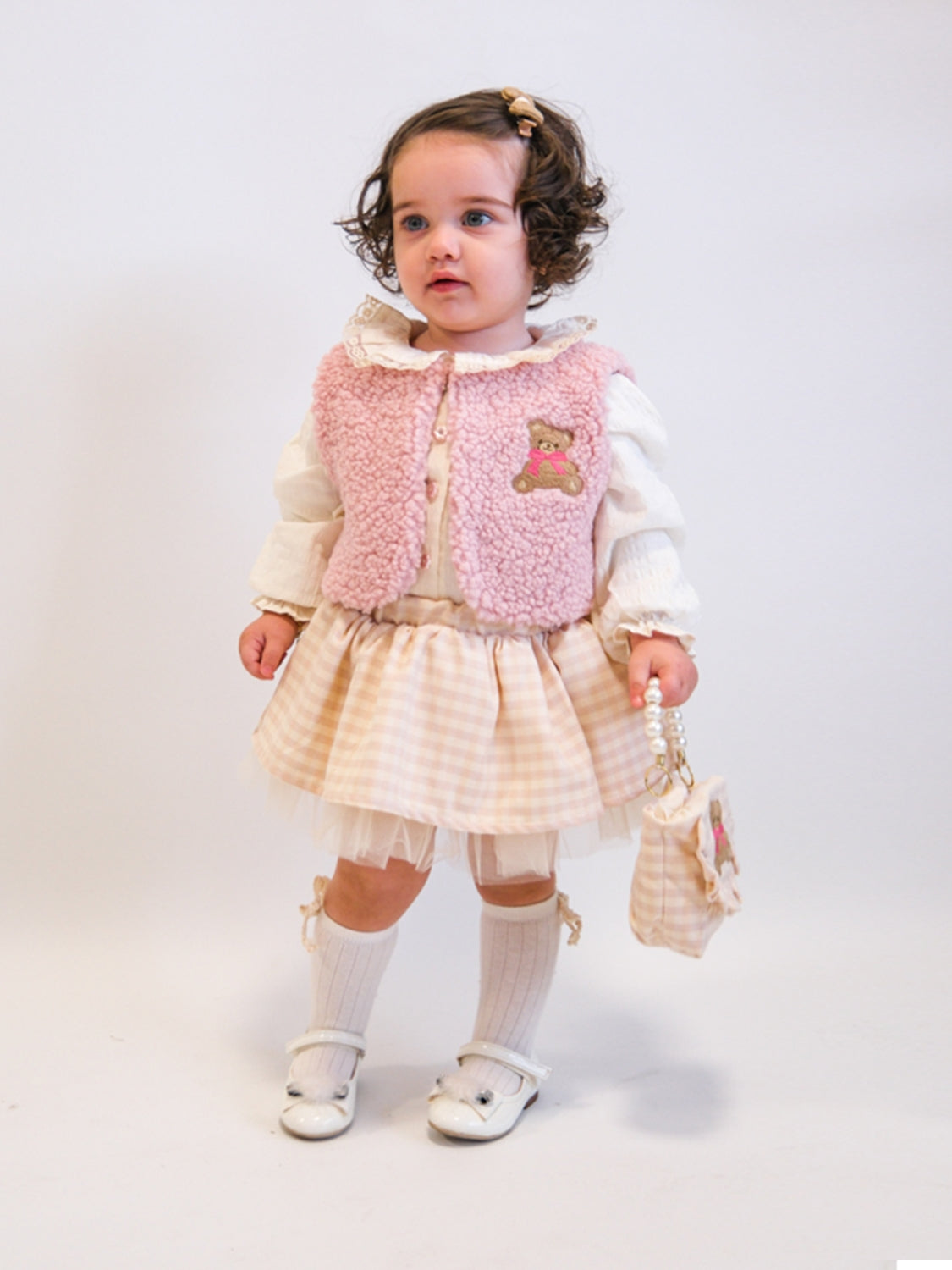 Amelie Kız Bebek Ekose Etek Gömlek Yelek Çanta 4lü Takım