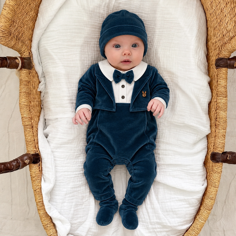 Erkek Bebek Kadife Papyonlu Tulum Body Şapka Patik Kutulu Hediyelik 5li Set