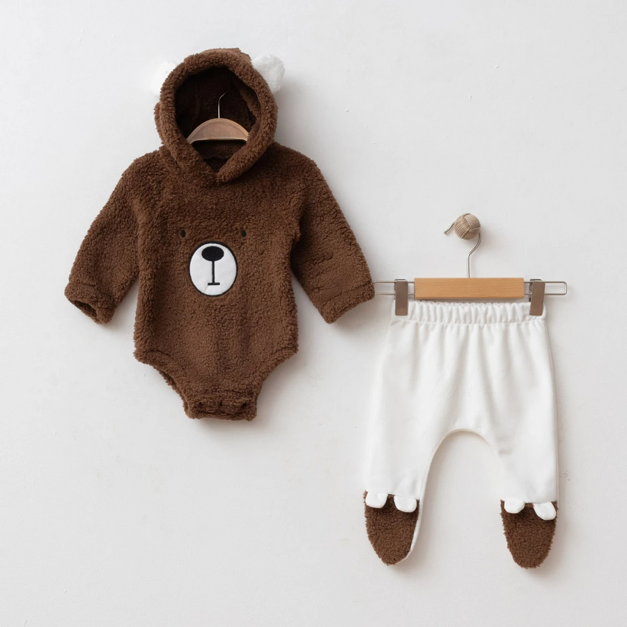 Bebek Ayı Kulaklı Kapüşonlu Peluş Zıbın Sweatshirt ve Patikli Kadife Pantolon 2'li Takım