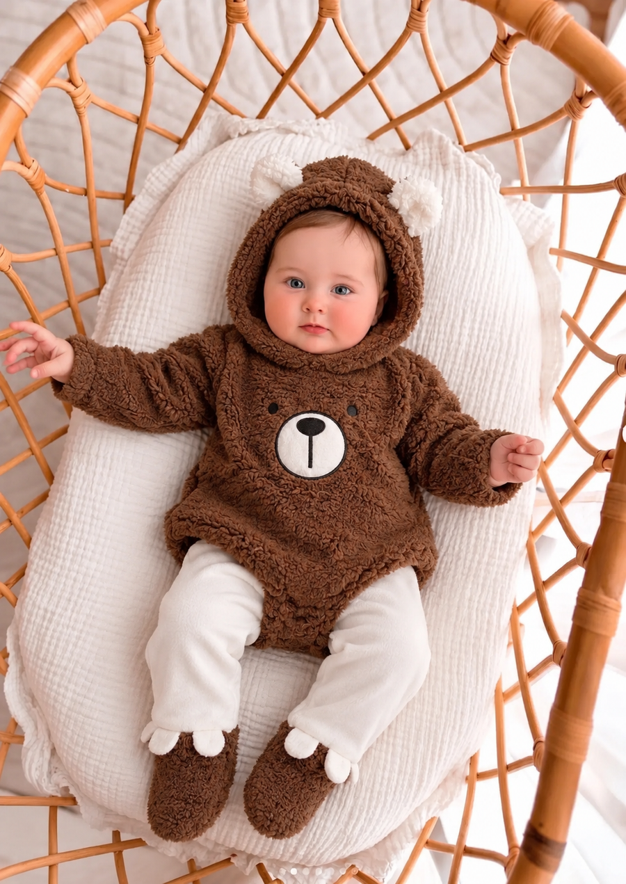 Bebek Ayı Kulaklı Kapüşonlu Peluş Zıbın Sweatshirt ve Patikli Kadife Pantolon 2'li Takım