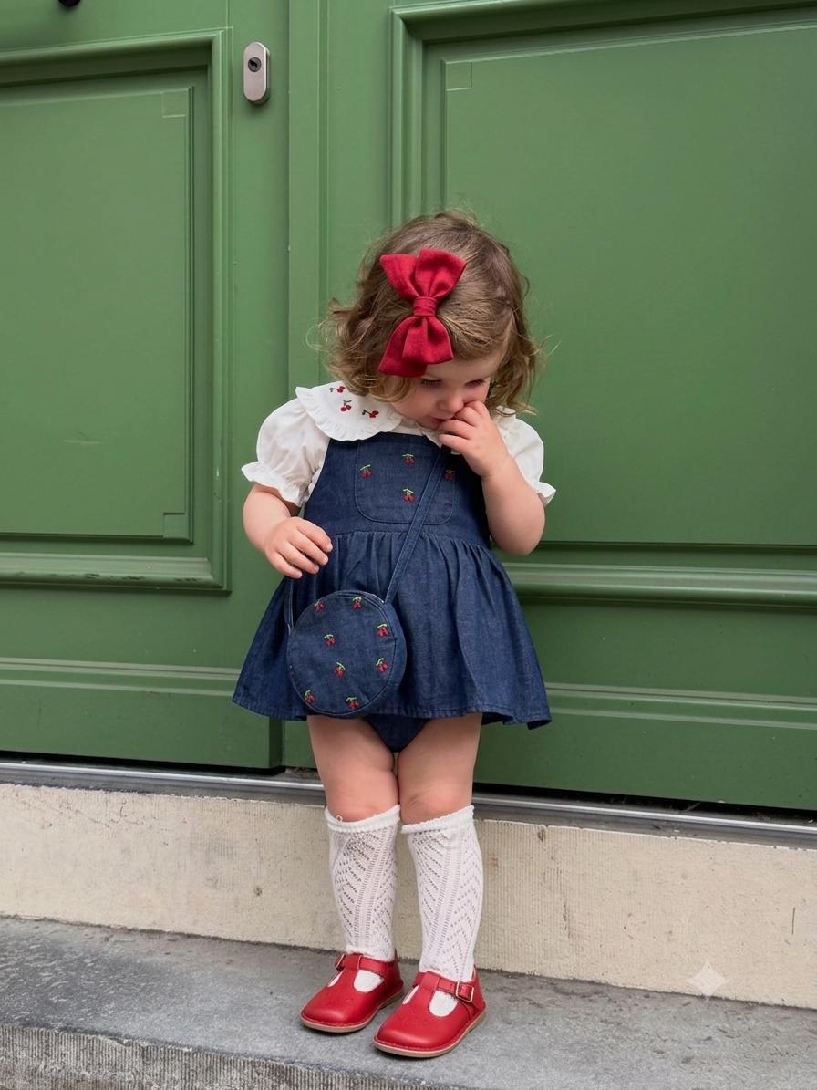 Cherry Kız Bebek Kot Romper Tulum Gömlek Çanta 3lü Takım