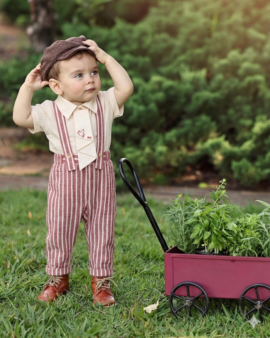Erkek Bebek Müslin Takım – Çizgili Askılı Pantolon ve Kravat Detaylı Set