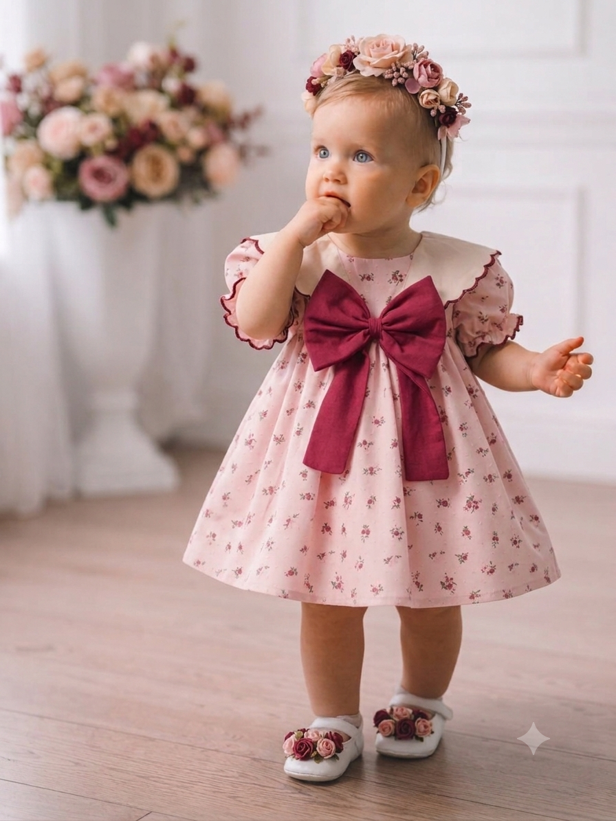 Büyük Fiyonklu Çıtır Çiçekli Bebe Yaka Kız Bebek Elbise