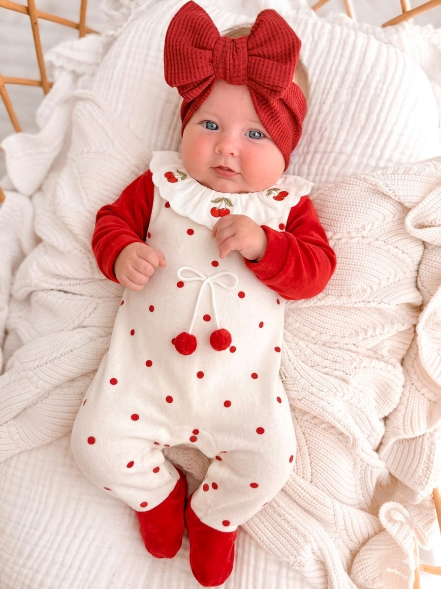 Cherry Kadife Kırmızı Kız Bebek Tulum