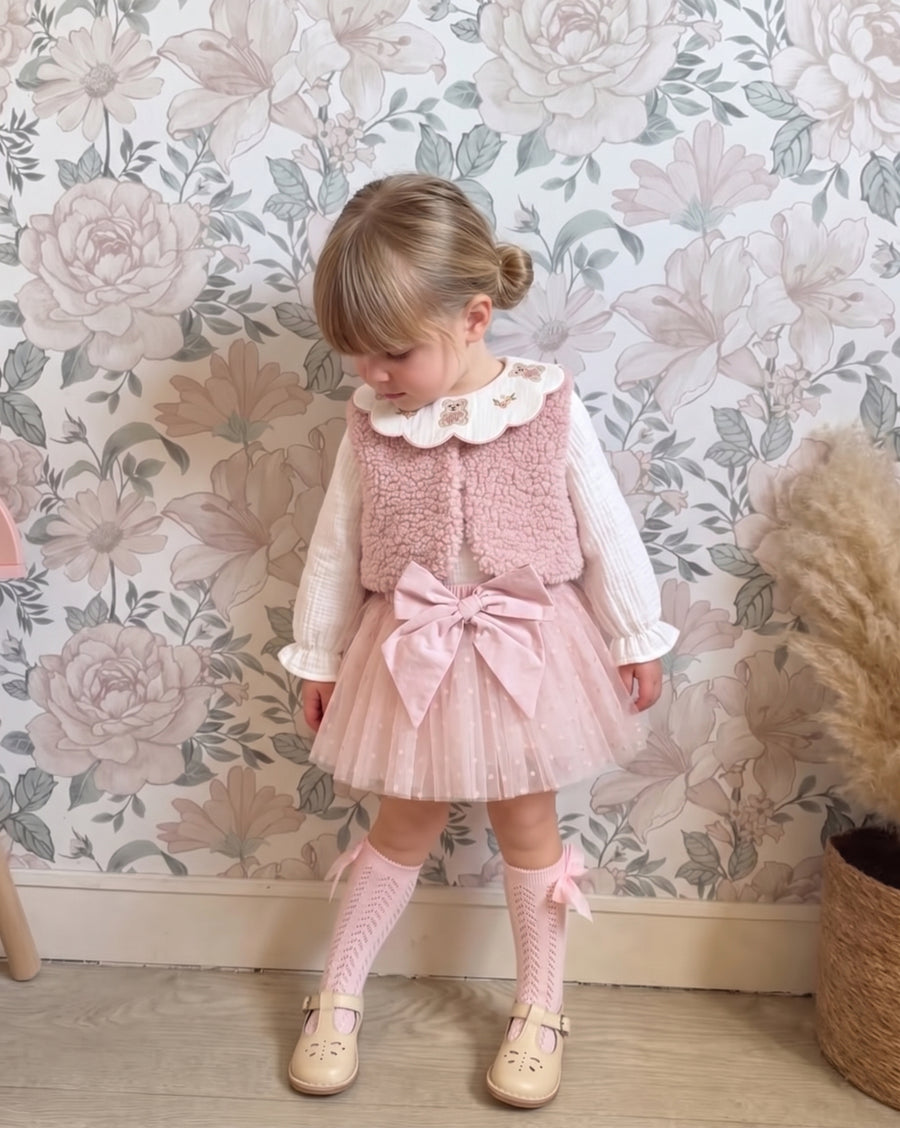 Ayıcık Nakışlı Yaka Peluş Yelek Tütülü Etek Kız Bebek 3'lü Takım