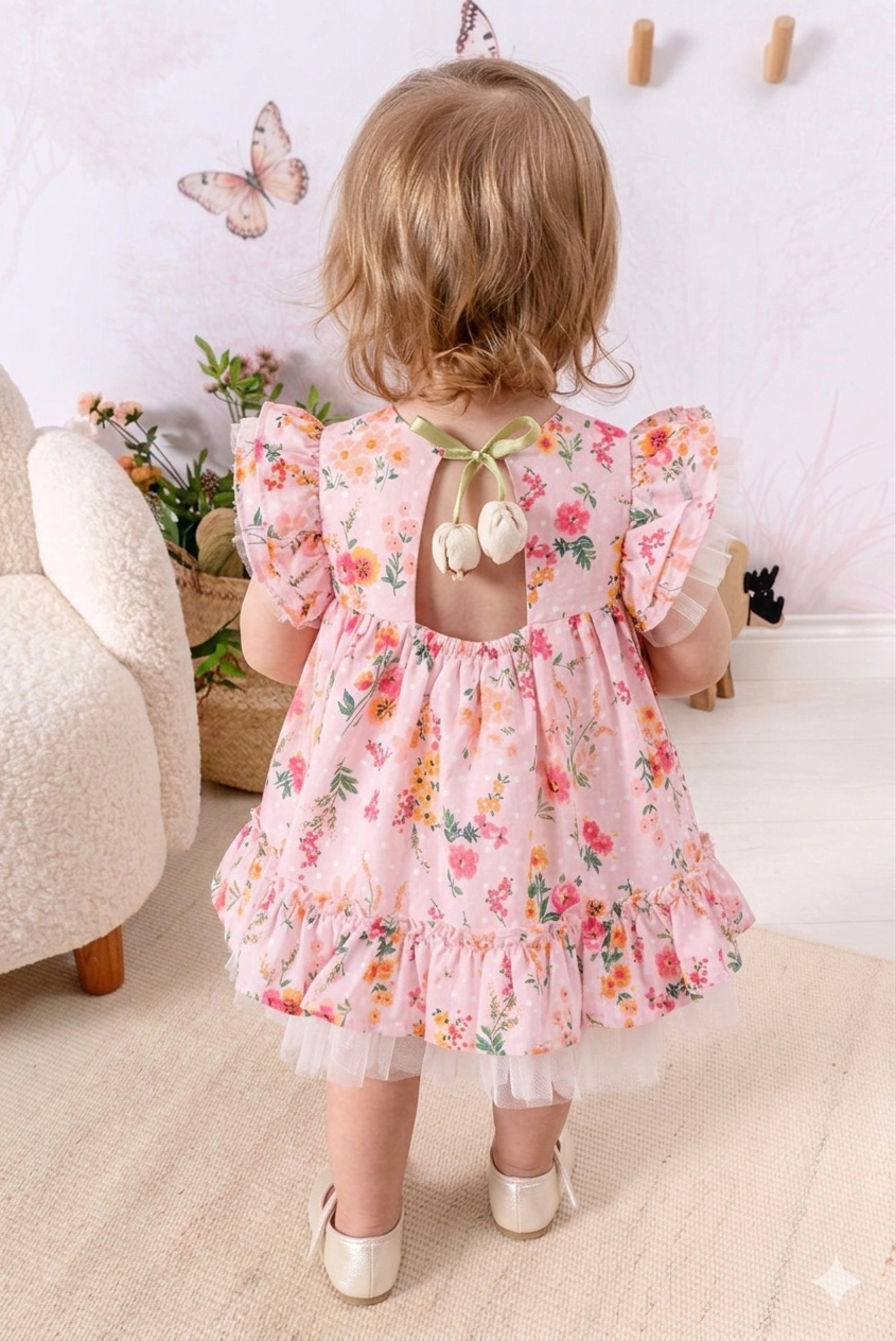 Çiçek Baskılı Sırt Lale Detaylı Kız Bebek Pembe Elbise, 2li Takım