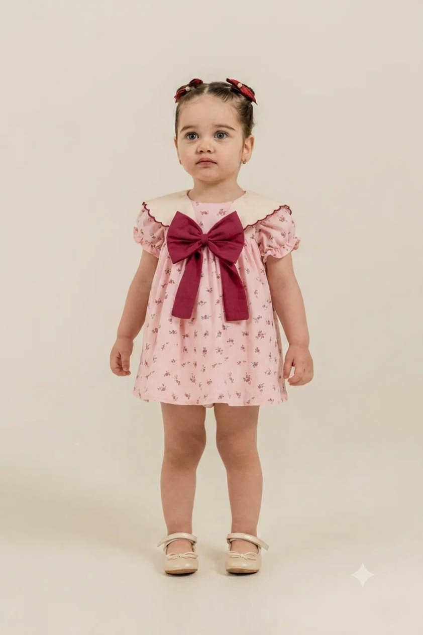 Büyük Fiyonklu Çıtır Çiçekli Bebe Yaka Kız Bebek Elbise