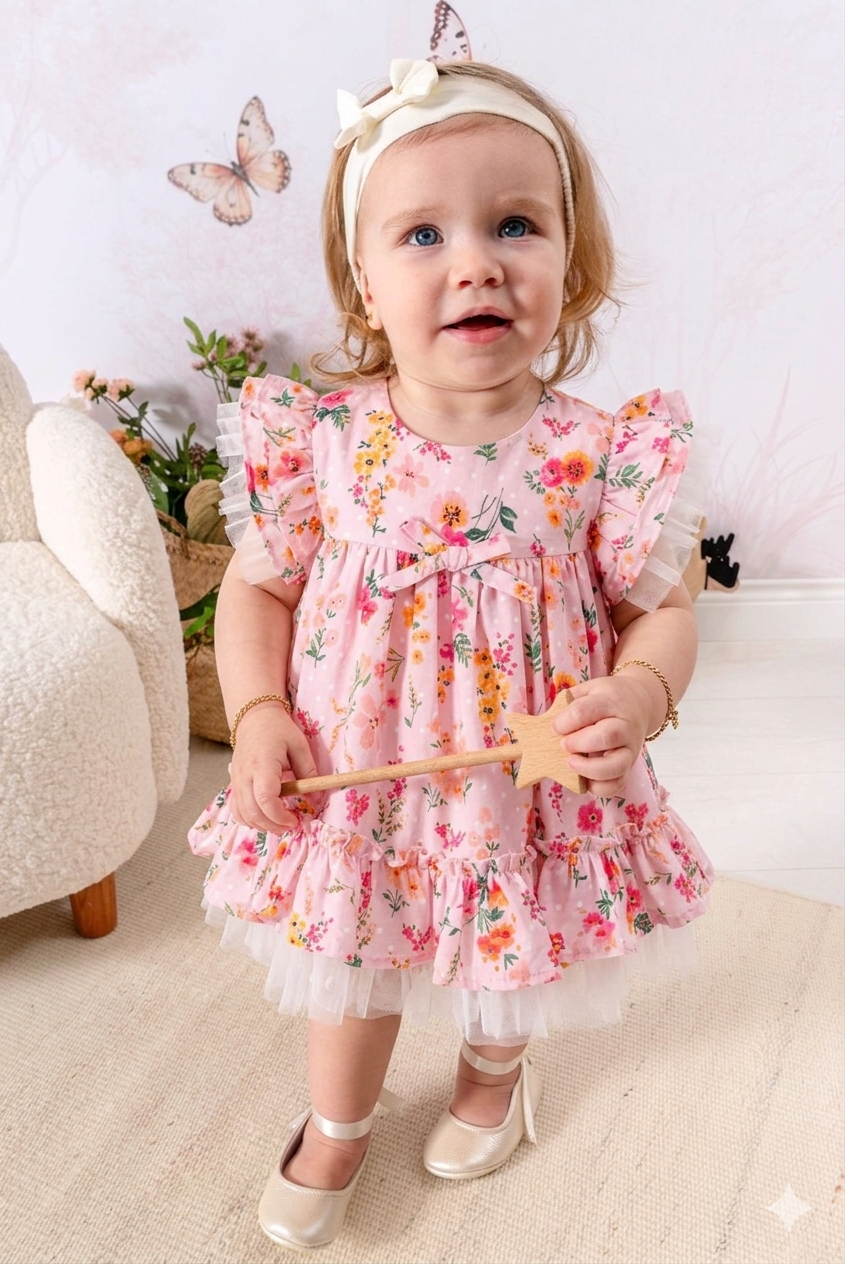 Çiçek Baskılı Sırt Lale Detaylı Kız Bebek Pembe Elbise, 2li Takım