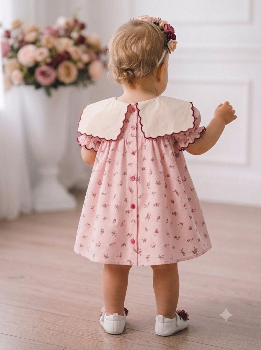 Büyük Fiyonklu Çıtır Çiçekli Bebe Yaka Kız Bebek Elbise
