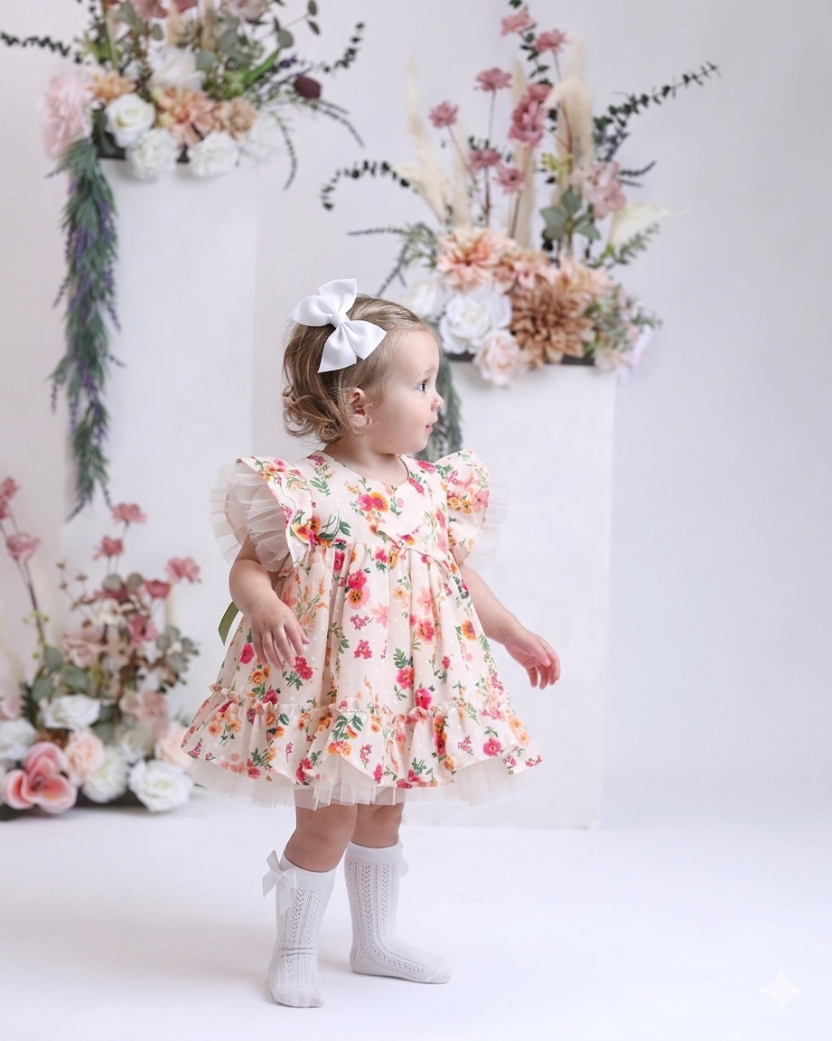 Çiçek Baskılı Lale Detaylı Kız Bebek Elbise