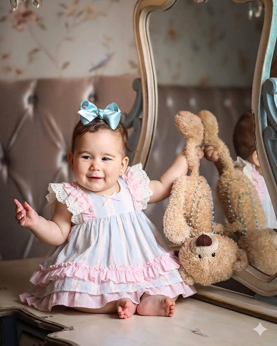 Çizgili ve Fırfırlı Kız Bebek Elbise, 2li Takım