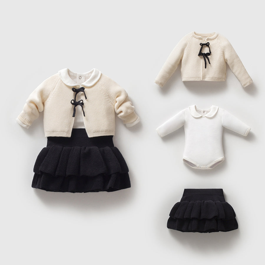 Adorable Kız Bebek Triko Hırka Body ve Etekli Takım - Siyah