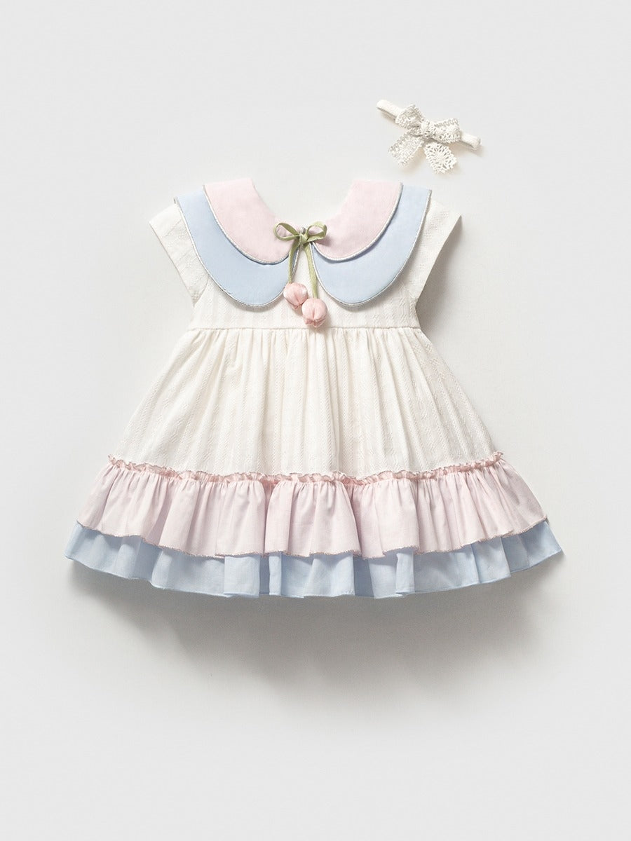 Çift Yakalı Lale Detaylı Fırfırlı Kız Bebek Elbise 