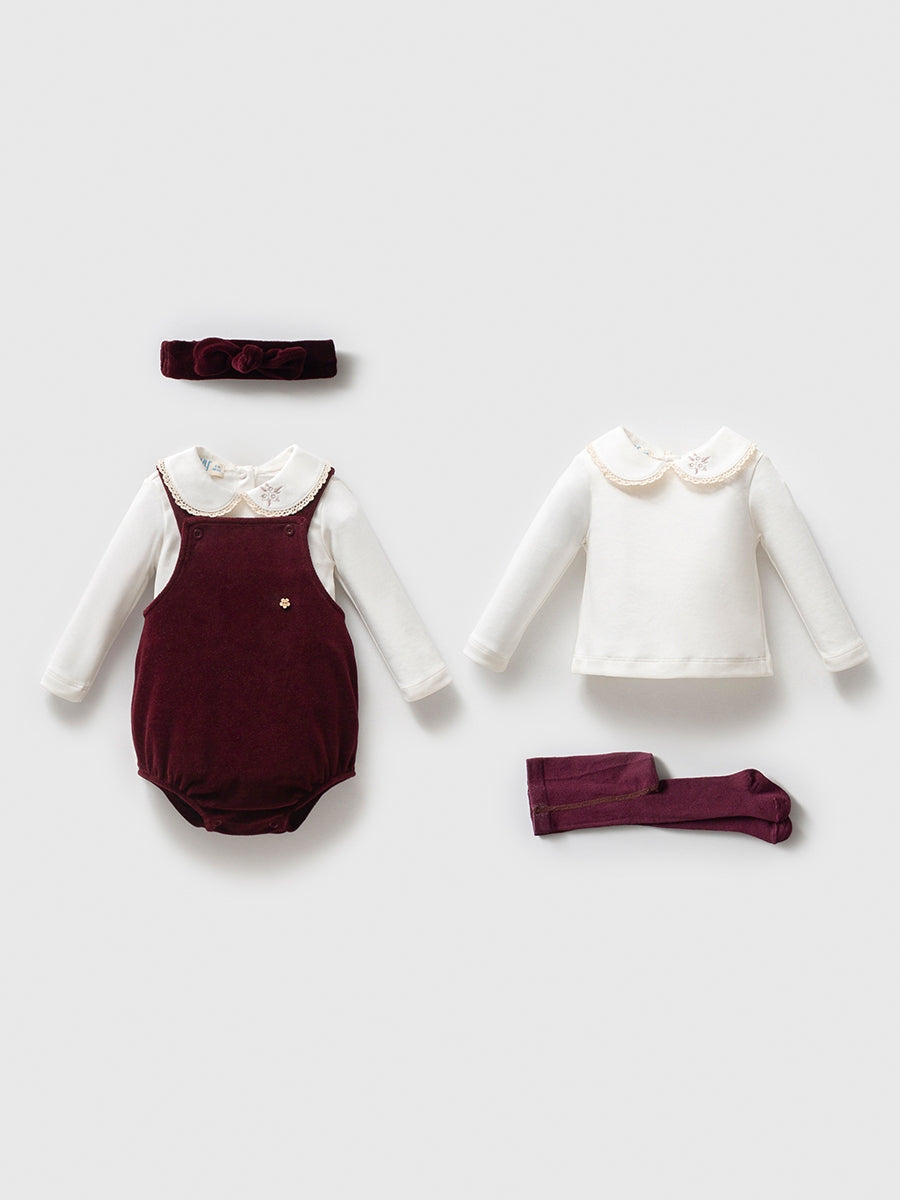 Kız Bebek Kadife Salopet Body Çorap Bandana Kutulu Hediyelik 4lü Set